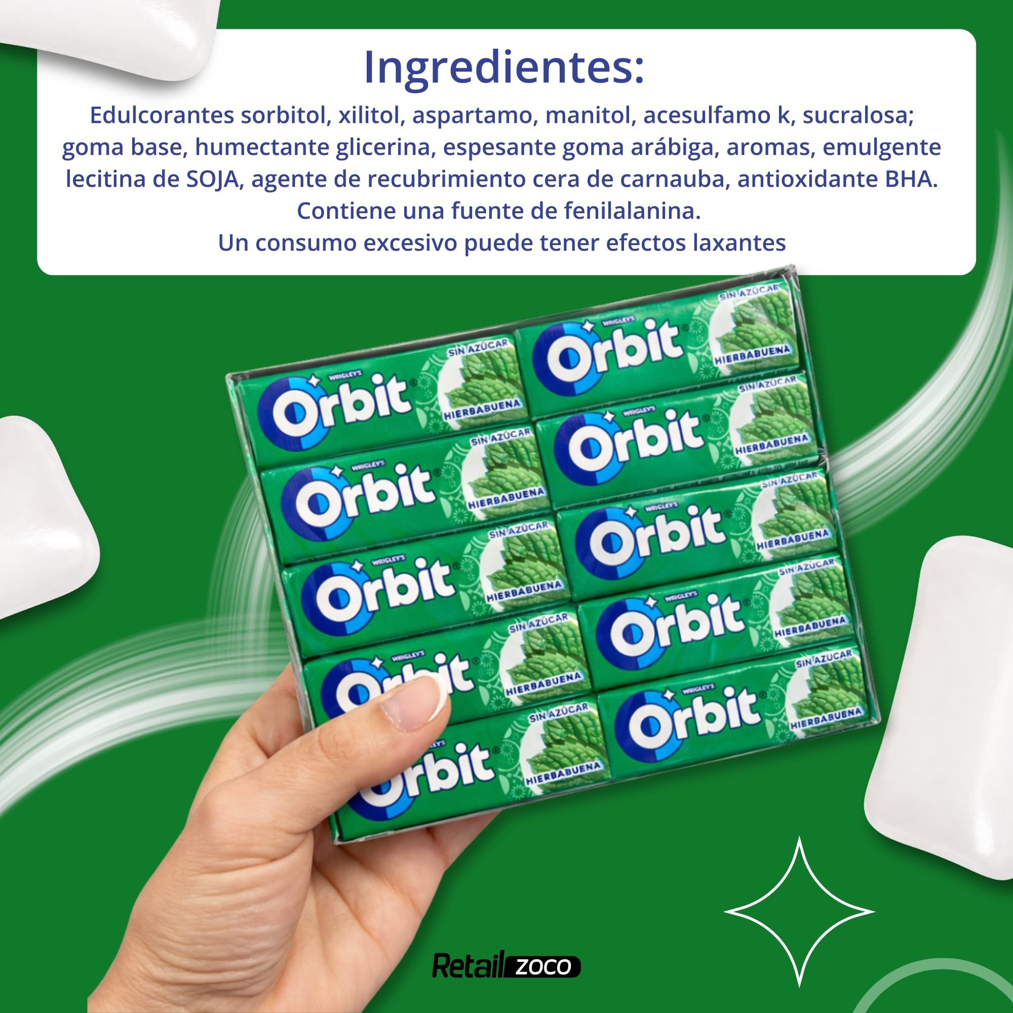 Orbit Chicles Sabor Hierbabuena, Chicles sin azucar, Paquete de cicles Orbit, Sabor Fresco, Intenso y de Larga Duración en formato Gragea, sin gluten, Formato ahorro, 30 paquetes de 10 Grageas