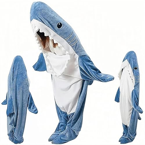 Shark Blanket Onesie Adult, KoveYzao Wearable Hoodie, Cozy Flannel Sleeping Bag, Cute Funny Adult Onesies Pajamas, One Size Fits All, Creative Gifts for Her/Him Light blue 190x110cm