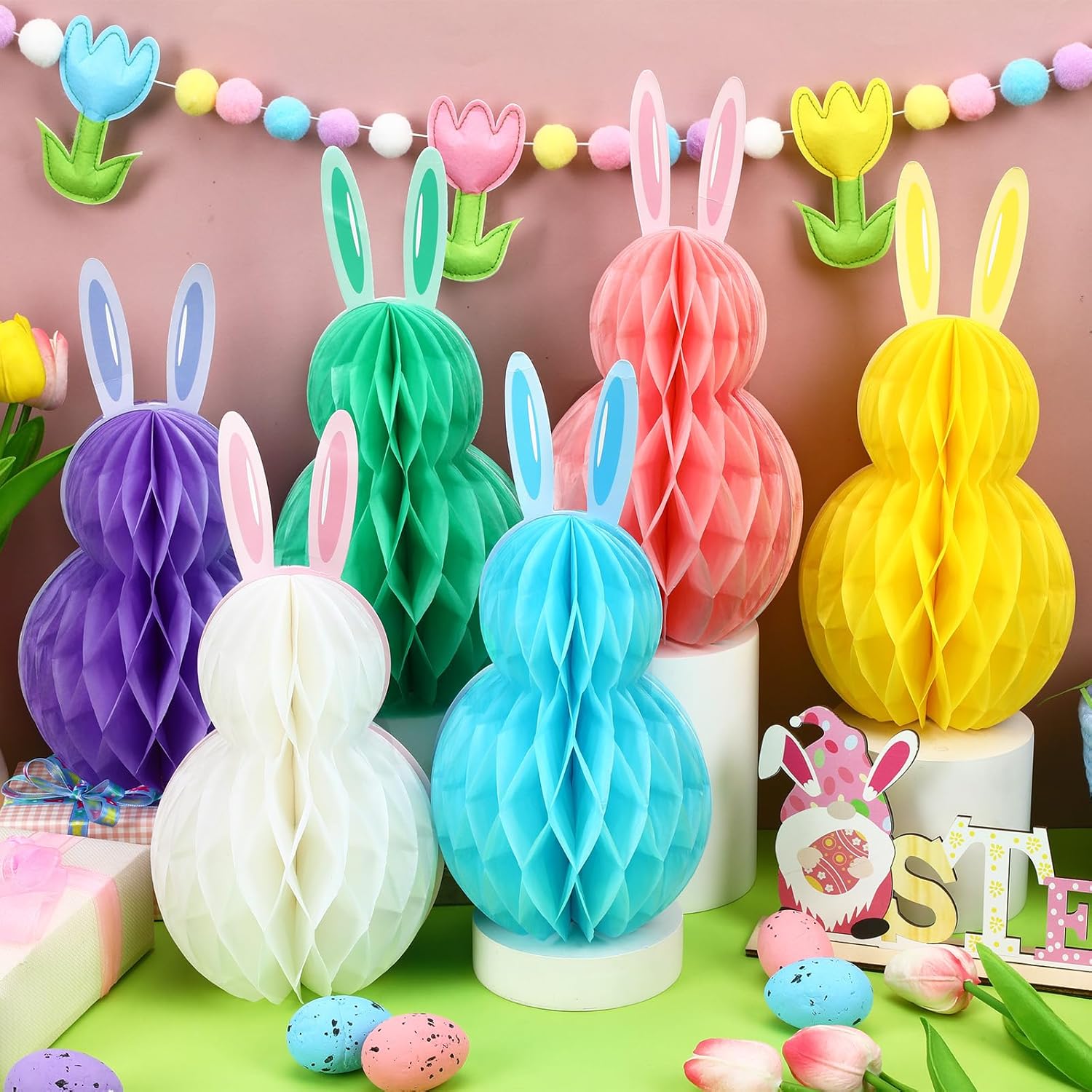 6PCS Easter Honeycomb Centerpiece 3D Pastel Rabbit Centerpiece for Table Bunny Table Decorations for Easter Spring Birthday Party Supplies