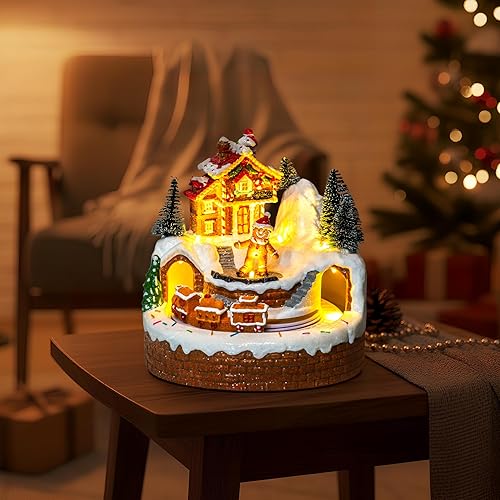 Miniatura 6 de Figuras animadas musicales de pueblo navideño, edificio de casa de jengibre y hombre de jengibre con tren, luces LED y música, funciona con batería