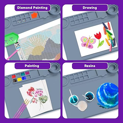 Vista 3 de CHALKY CROWN - Tapete de arte de silicona con taza para manualidades - Tapete de pintura de silicona - Tapete grueso para artista grande con taza