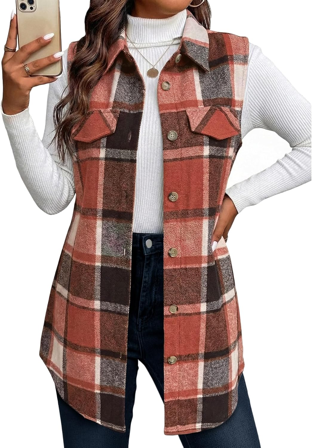 Mina Self 2025 Women's Flannel Plaid Vest Jackets- Fully-Lined Sleeveless Warm Long Casual Fashion Outerwear with Pockets - Image 5