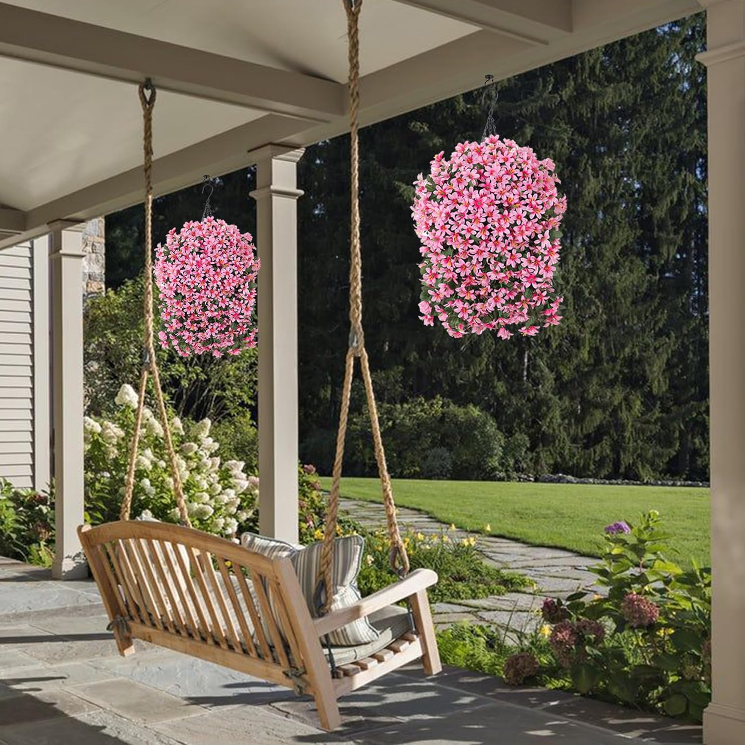 Artificial Flower for Outdoors 4pcs Fake Lily Hanging Flower Baskets for Outside UV Resistant Silk Faux Long Trailing Vines for Garden Porch Patio, Fuchsia - Image 6