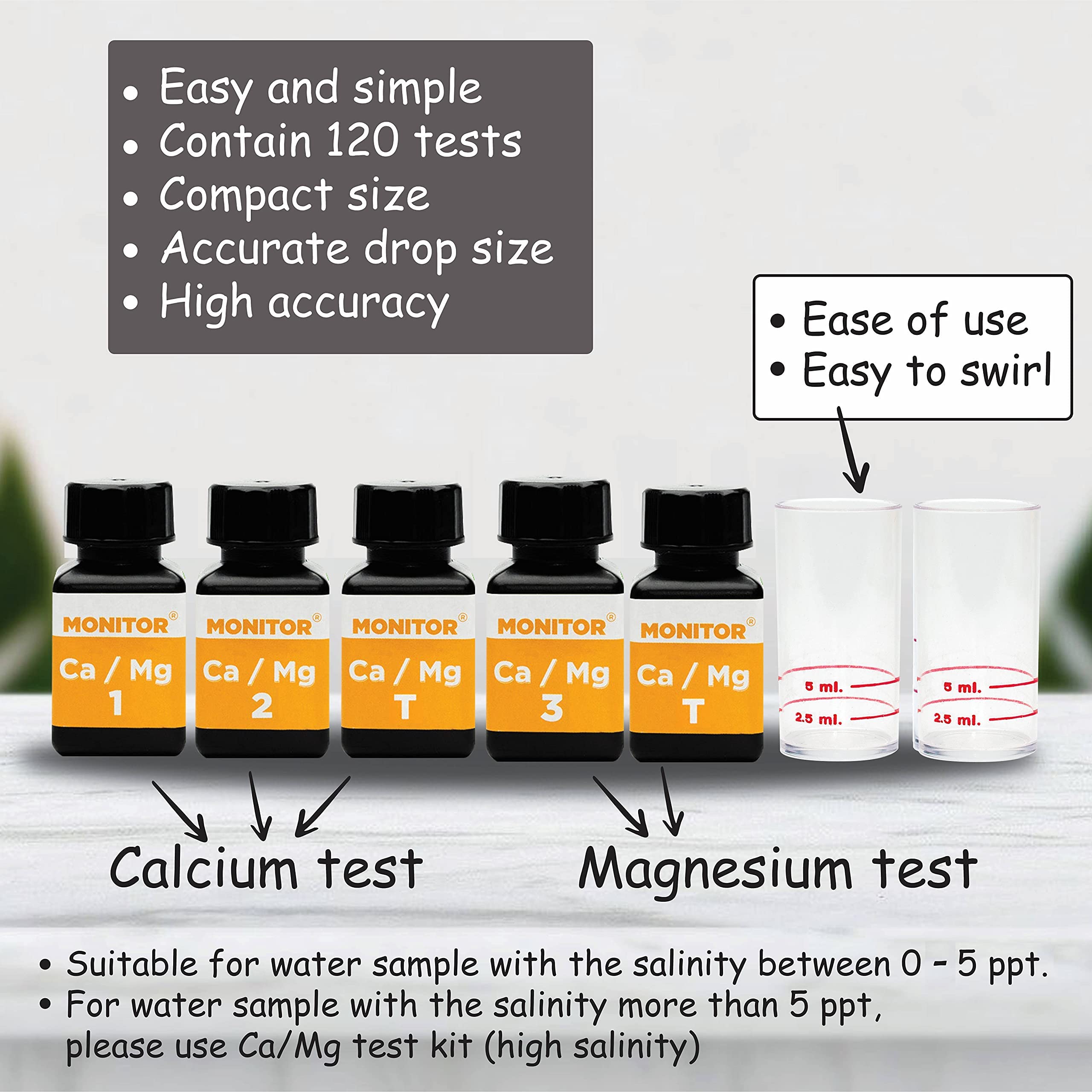 Monitor Calcium/Magnesium Low Salinity (05 PPT) Test KIT (120 Tests