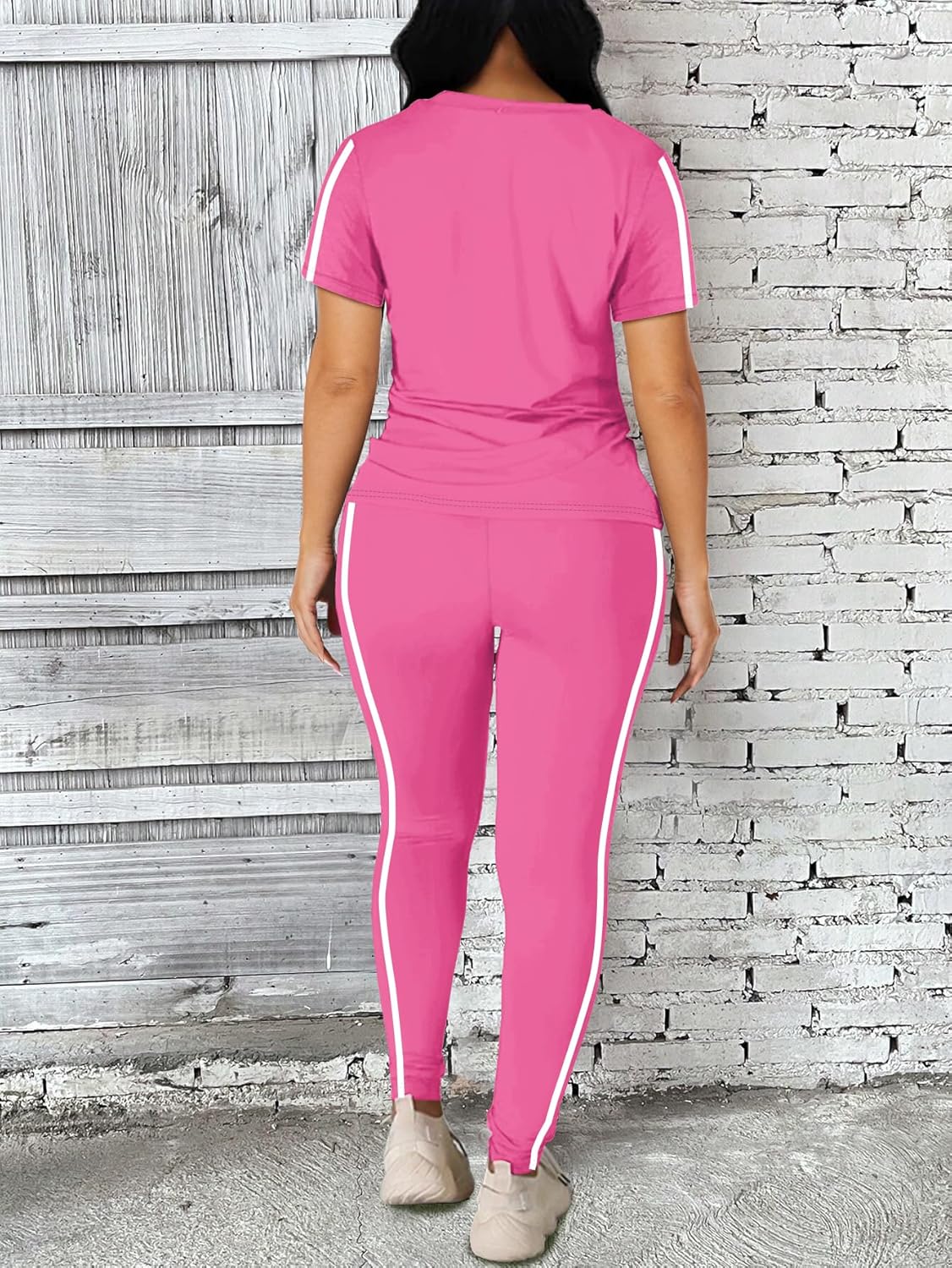 Women's 2 Piece Outfits Sweatsuit Summer Workout Striped Short Sleeve Long Sweatpants Casual Jogging Lounge Set - Image 4