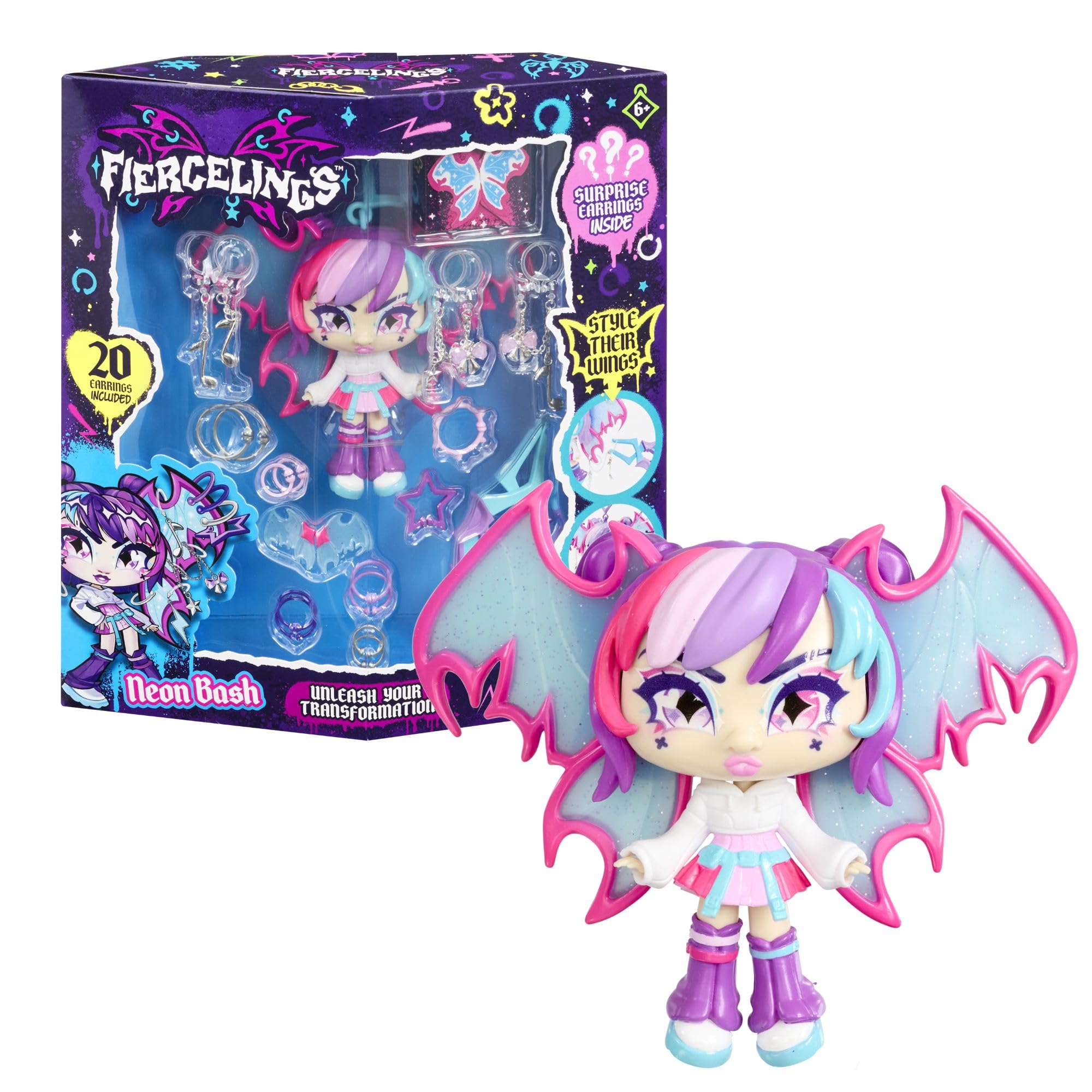 Goliath Fiercelings Neon Bash Deluxe Keychain | Style Their Wings & Collect Them All! Customizable Doll with 20 Earrings & Magic Piercing Tool Included | Gifts for Kids Ages 6+
