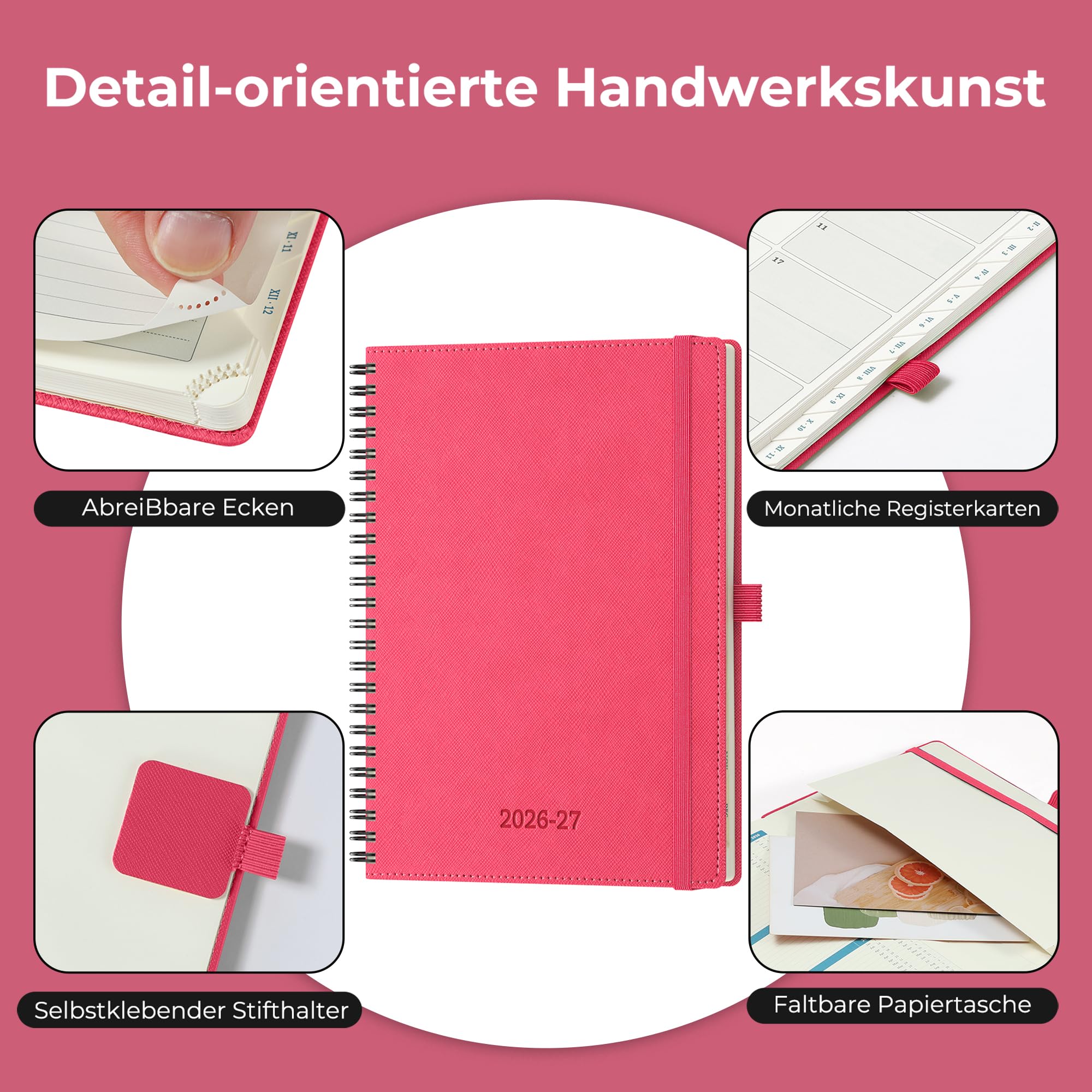 Kalender 2026 2027 Wochenplaner,A5(21,9x 16,2cm),18-Monate Buchkalender (Jul.2026-Dez.2027) Ringbuch mit Softcover,wochenkalender mit selbstklebendem Stifthalter,Rosenrot,Querformat.