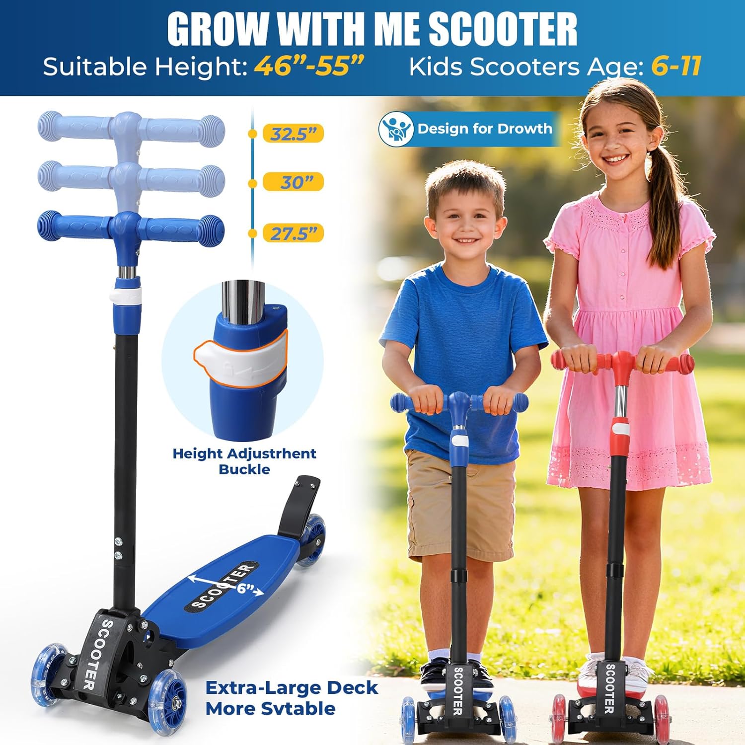 3 Wheel Scooter for Kids Ages 6-12, LED Light-Up Kids Kick Scooter–Portable Foldable, Adjustable Height, Durable Metal Construction, 6" Extra Wide Deck for Outdoor Activities,Child Safety Certified