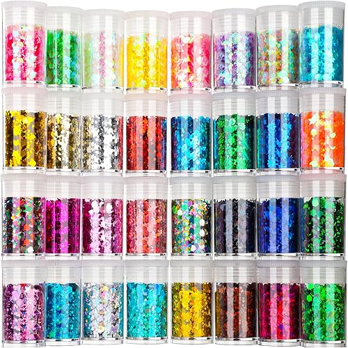 Teenitor - Mezcla de purpurina gruesa, brillo de uñas con estrellas, cosméticos para rostro, cuerpo y ojos, brillo para el cabello, 32 unidades