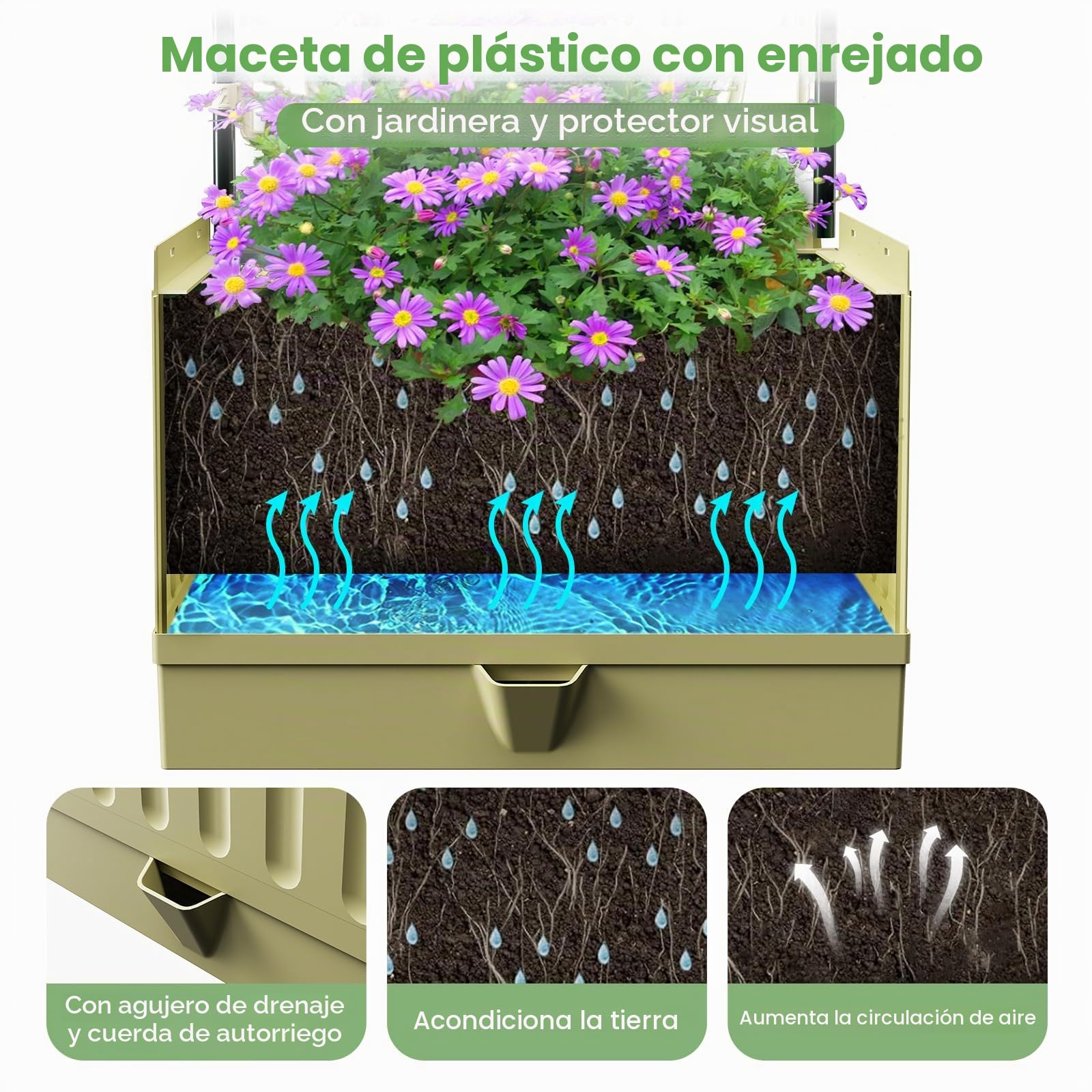 Cama de jardín elevada con enrejado de metal, maceta elevada de 142 cm con riego automático, maceta elevada para plantas trepadoras, frutas, verduras, flores