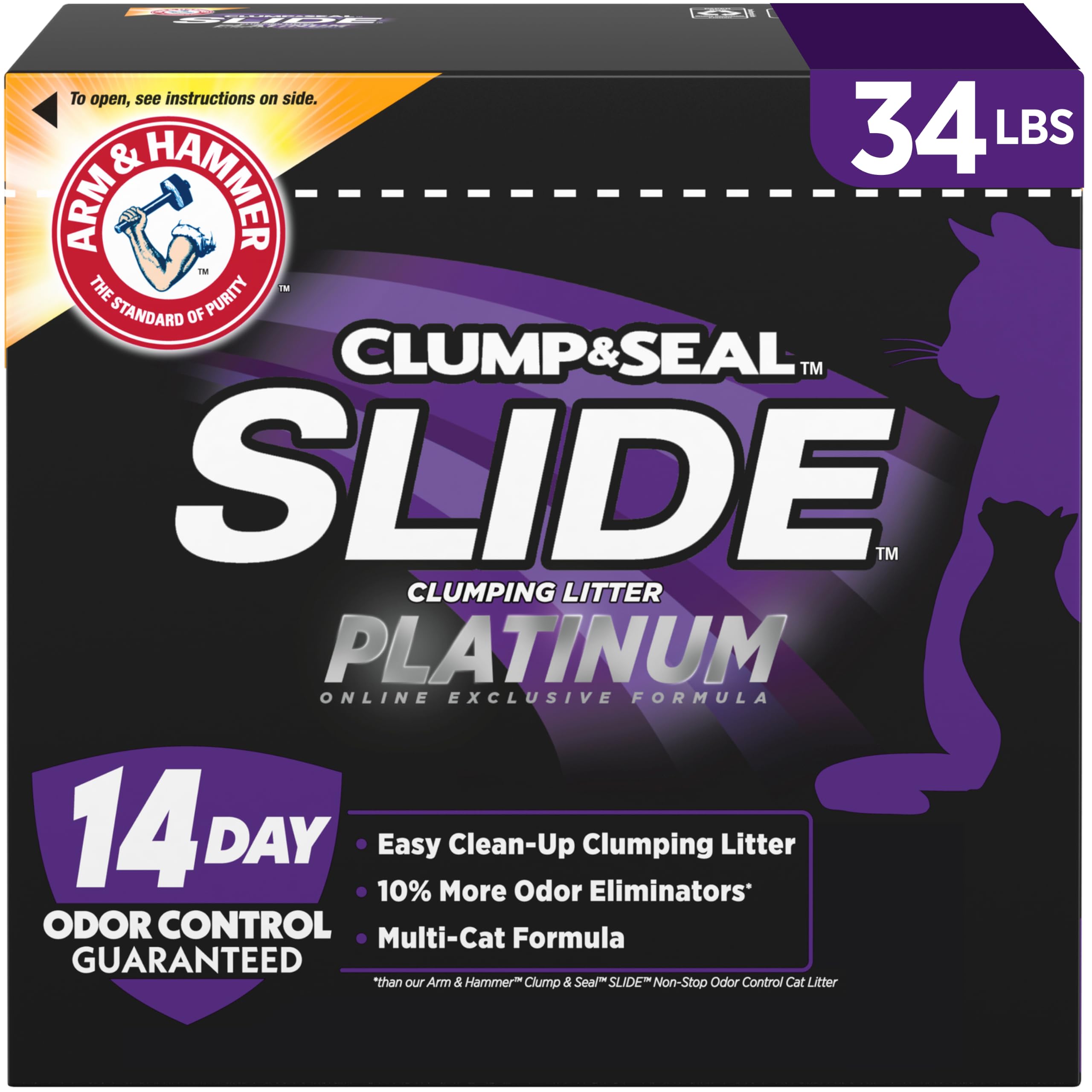 ARM & HAMMER Slide Platinum Easy Clean-Up Clumping Cat Litter, 34 lbs | 24/7 Odor Control, Triple-Action Freshness, Non-Stick, Low Tracking, Multi-Cat Formula, Scented, Online Only