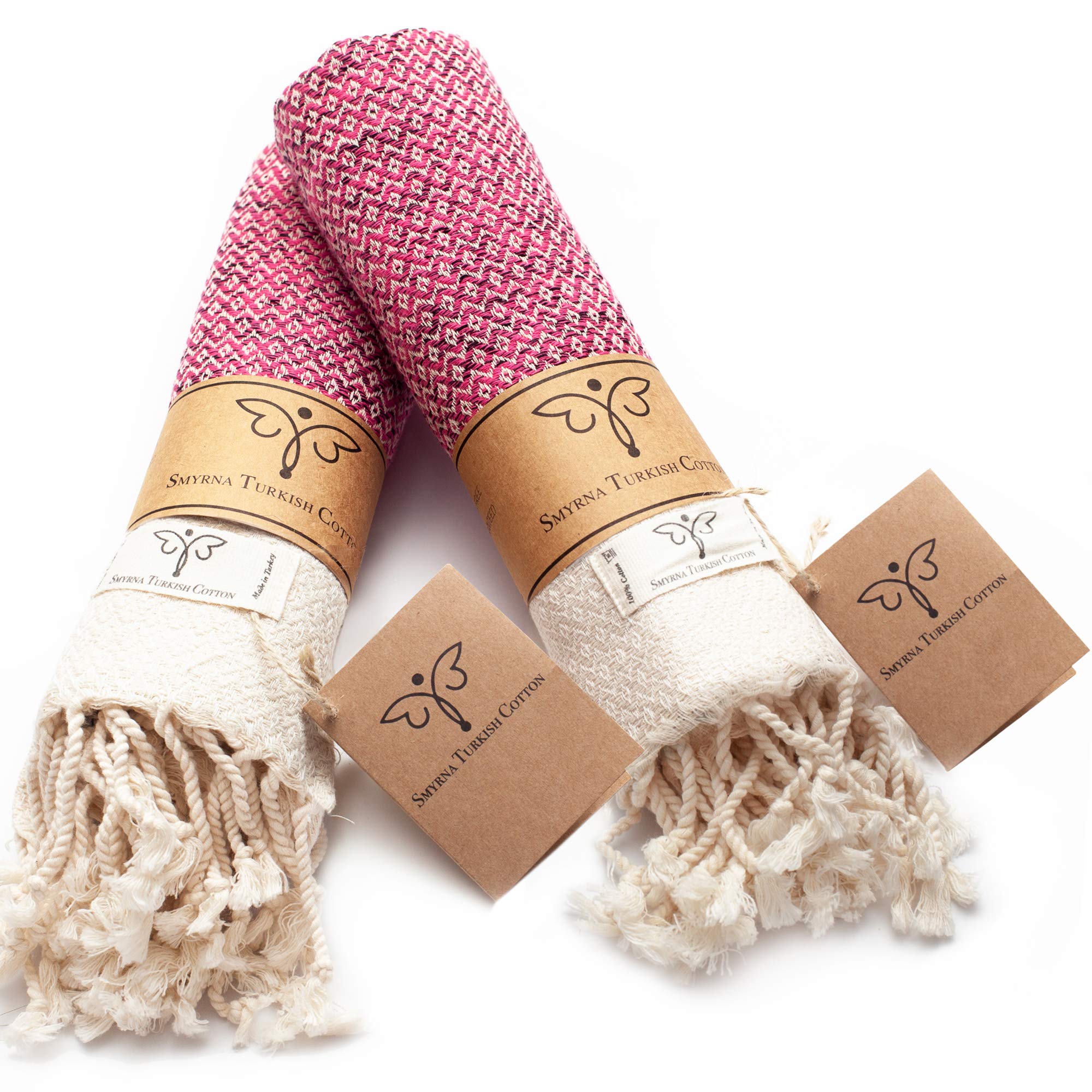 SMYRNA TURKISH COTTONVintage Series Hand Towel - Set of 2 | 40x100cm | 100% Turkish Cotton | Hair Towels, Soft Washcloths for Bathroom & Kitchen | Don't Shrink| Premium Luxury - Fuchsia