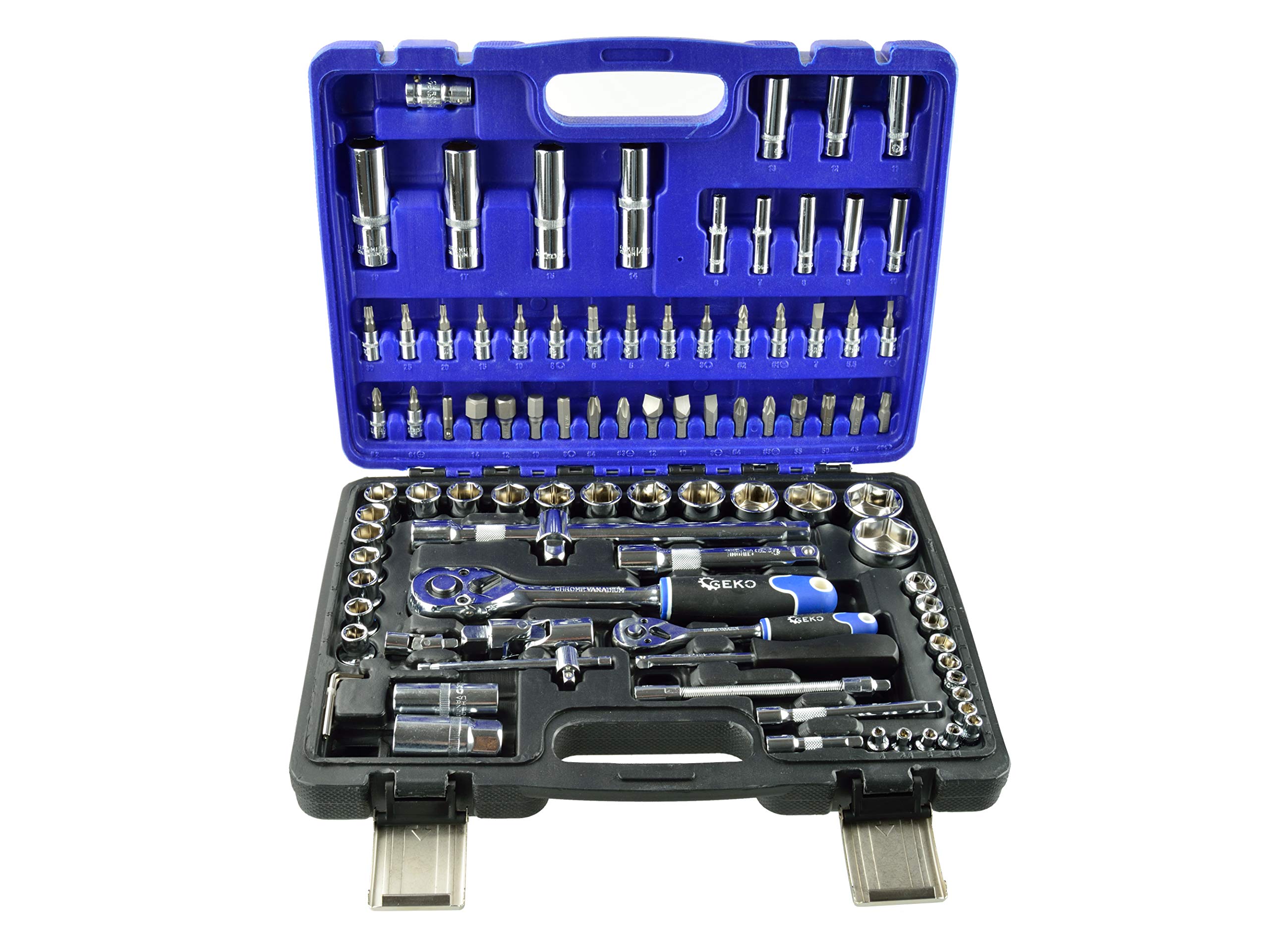 BSD Juego de Herramientas Mecanicas - Llaves de Vaso 6 caras, Puntas de Destornillador, Llaves de Carraca 1/4” y 1/2” - Adaptador - 94 piezas