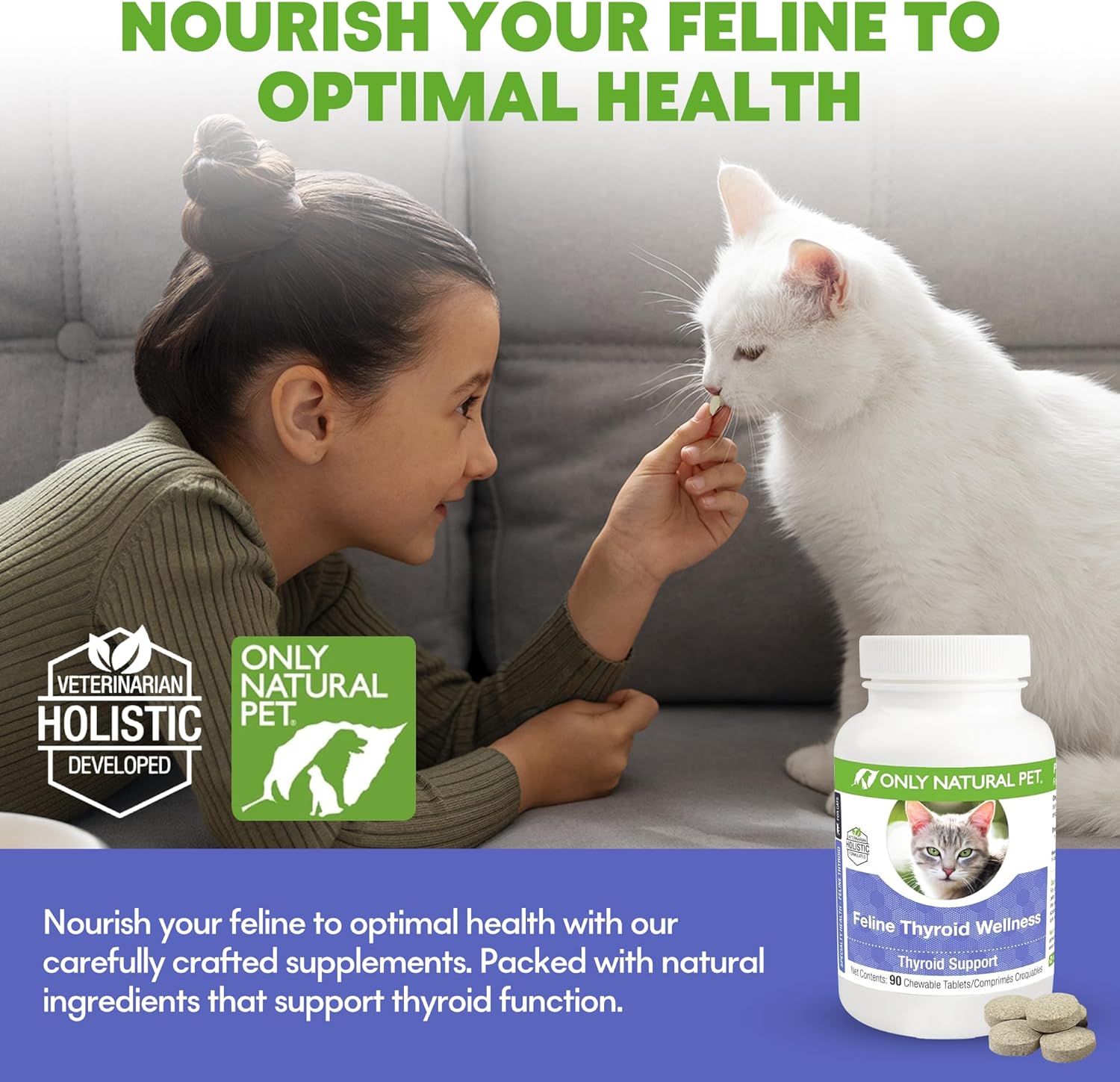 ONLY NATURAL PET Thyroid Support Supplement for Cats - Multivitamin with L-Carnitine & Lemon Balm - Vet Formulated - Helps with Endocrine & Immune Health - Turkey Flavored Chewable - 90 Tablets