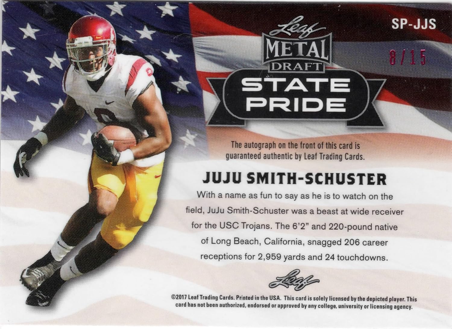 Juju Smith Schuster State Pride Autograph Serial Numbered 8/15-2017 Leaf Metal Draft Football Card # SP-JJS (Steelers)
