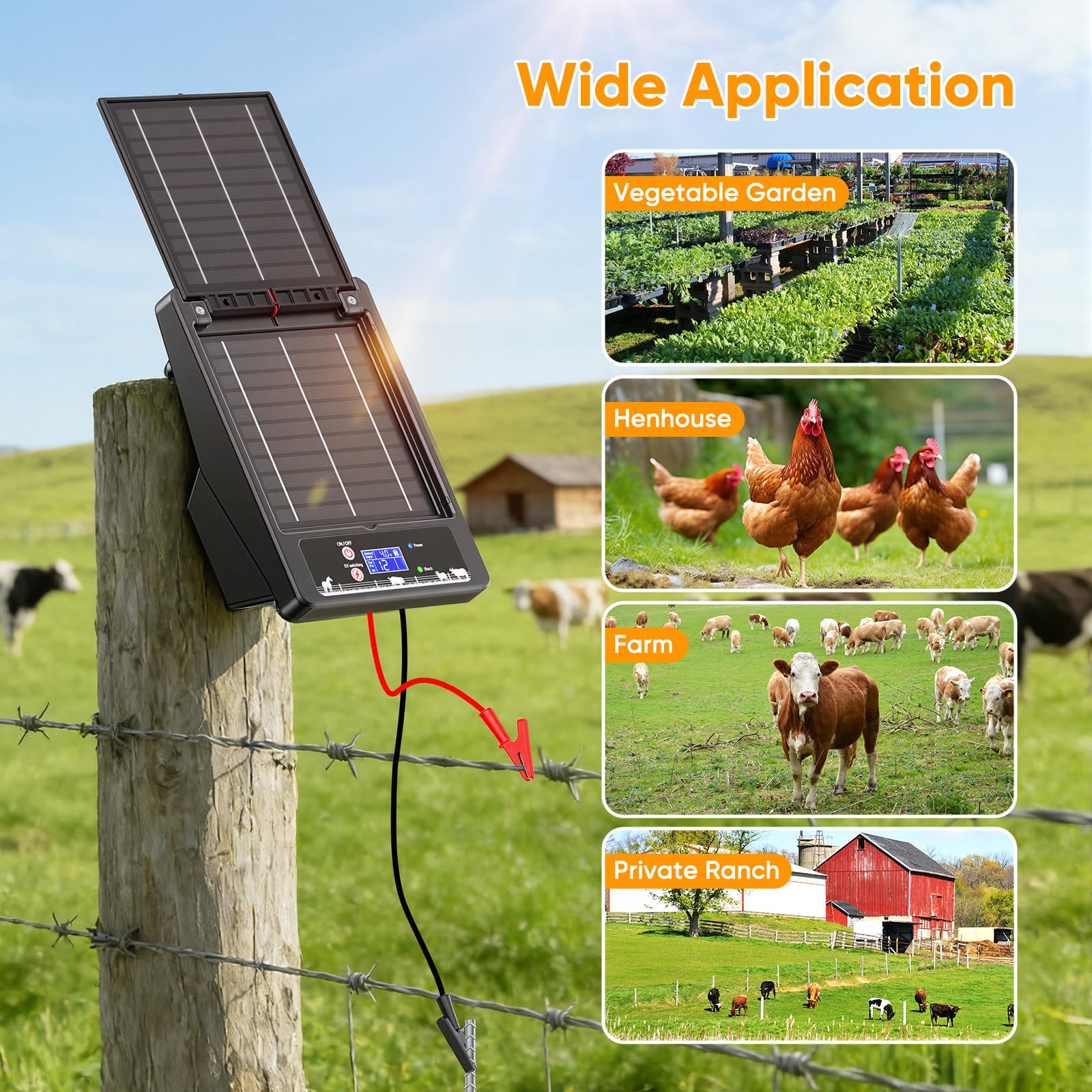 Kit de valla eléctrica con energía solar, 6-12 kV, voltaje ajustable, 0,3 – 2,0 J, batería de 18000 mAh, dos paneles solares de 10 W, alcance de 32 km, IP55 impermeable, para agricultura, jardín