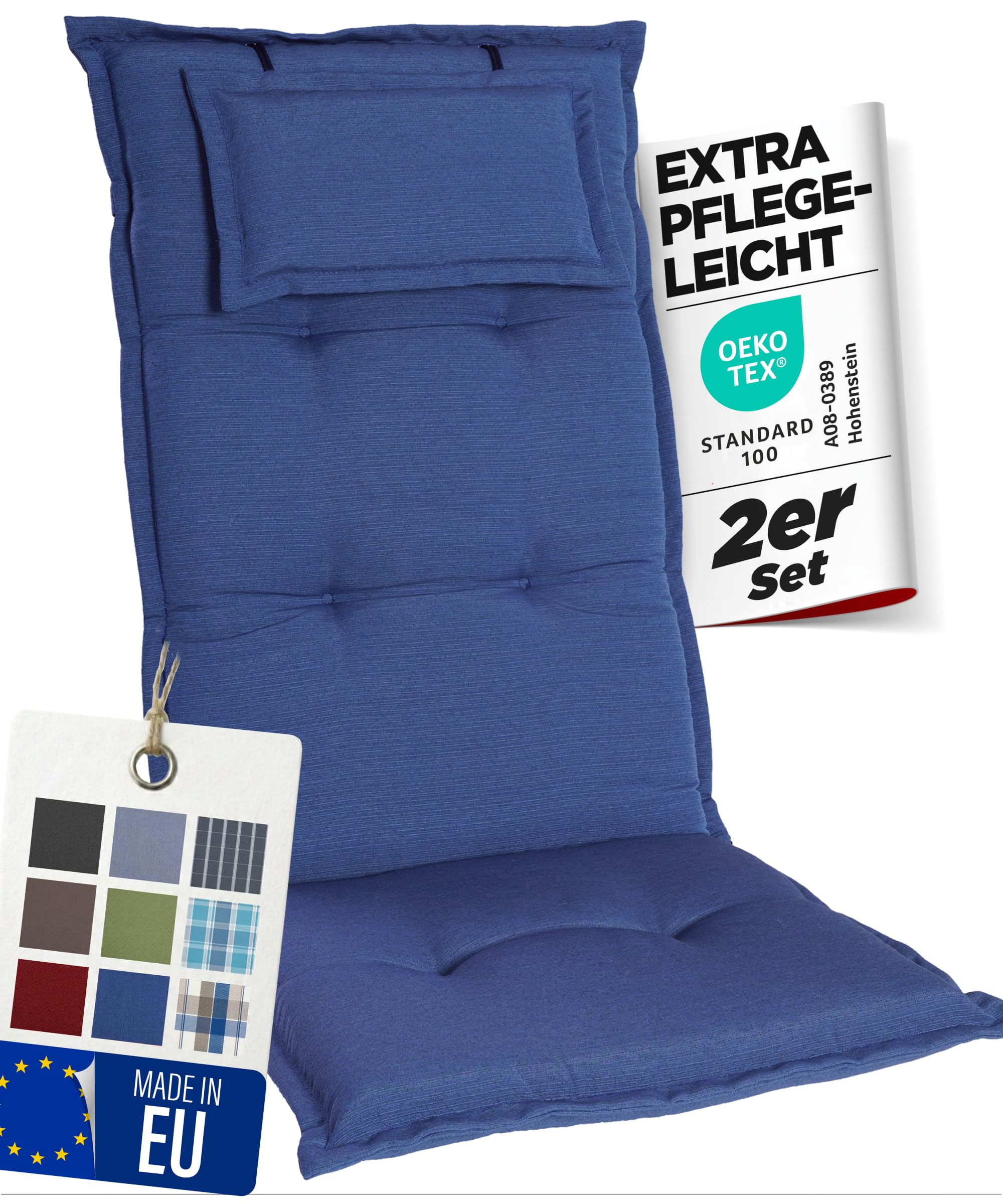Gartenstuhlauflagen Hochlehner mit Kopfteil, 2er Set, Blau | Extra Dicke Sitzauflagen, Made in Europe, Polsterauflagen für Hochlehner, Auflagen mit extra hohem Komfort