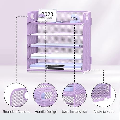 Miniatura 3 de SUPEASY Organizador de escritorio de 5 niveles con asa, organizador de papel de mallaarchivos para escritorio, organizador de bandeja de papel para