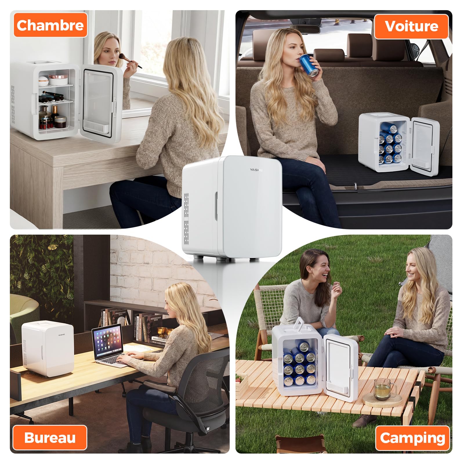 YASHE Mini Frigo de Chambre, Mini Frigo 10 Litres/ 12 Canettes, Fonction Chaud et Froid, Frigo Mini 220V CA/12V CC, Silencieux, pour Boissons, Cosmetique, Bureau, Dortoir, Voiture, Blanc