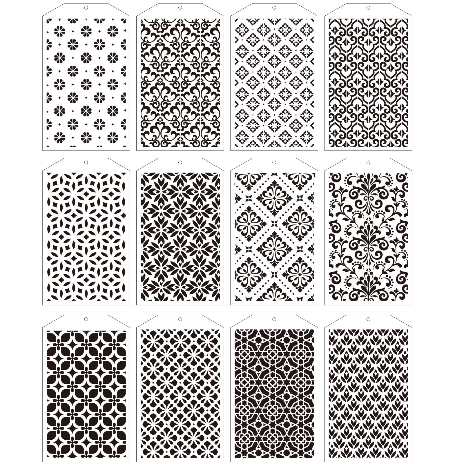AFRITEE Floral Stencils for Painting - 12 Pcs Damask Floral Geometric Texture Pattern Reusable Crafts Template, DIY Journal Abstract Painting Template, Suitable for Home Floor Wall Decoration Painting