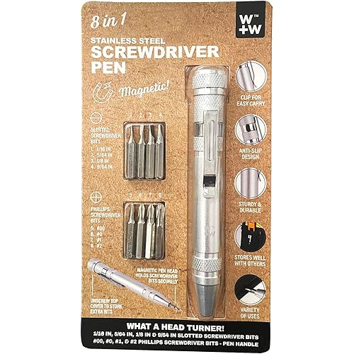 Core Home 8-in-1 Magnetic Screwdriver Pen With Slotted and Phillips Bits Stainless Steel Silver