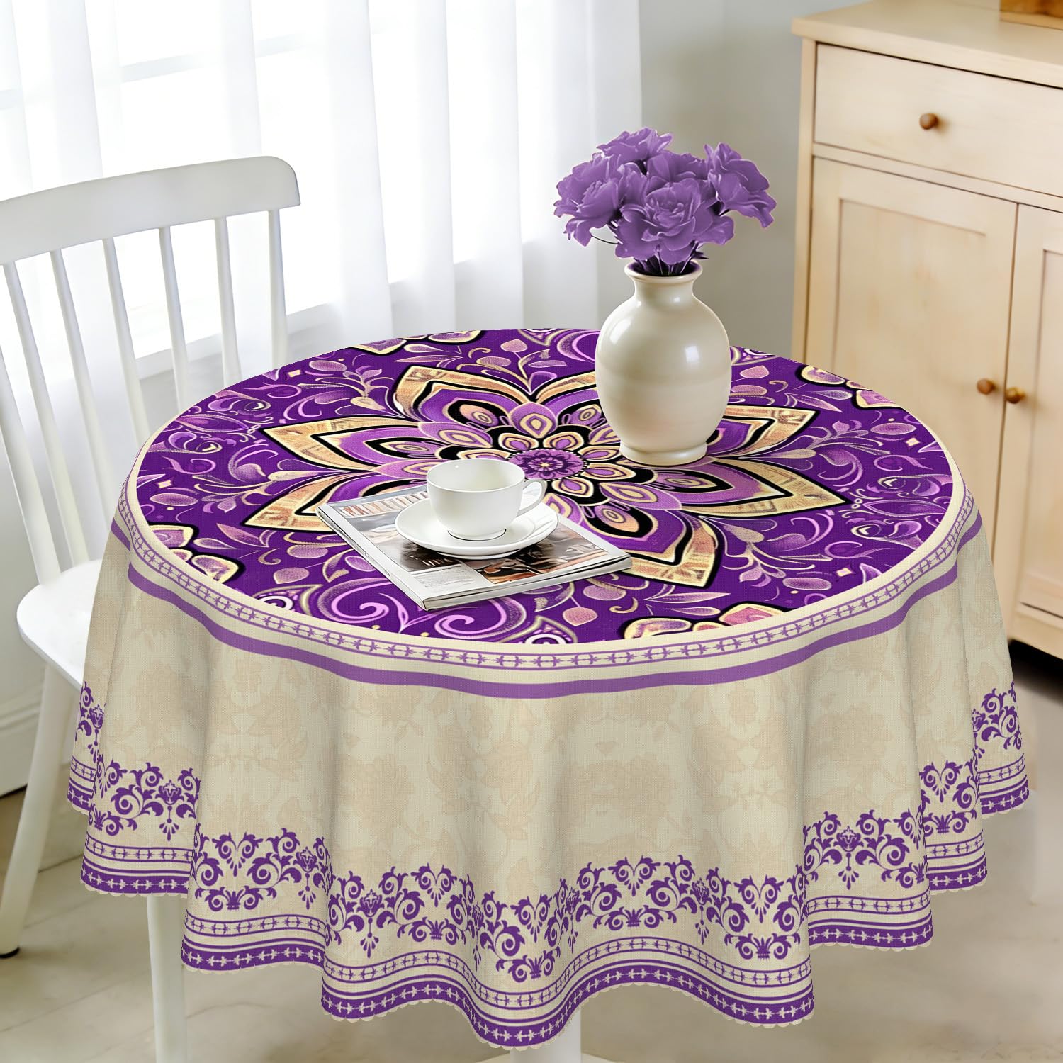 iEvery Mandala Round Tablecloth Wipe Clean 120cm, Wipeable Circular Table Cloth Waterproof Stain-Resistant Polyester Table Cover for 2-4 Seater Dining Kitchen Patio Garden Party Outdoor Home Decor