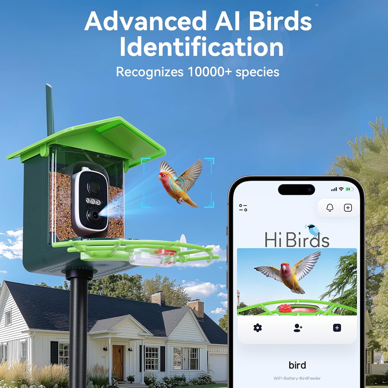 Bird Feeder with Camera and 75 Inch Pole&32GB SD Card, AI Birds Species, Smart Birds Camera Feeder Solar Powered, 2K HD Video, Instant Arrival Alerts&Notification, Ideal Gift for Bird Lovers