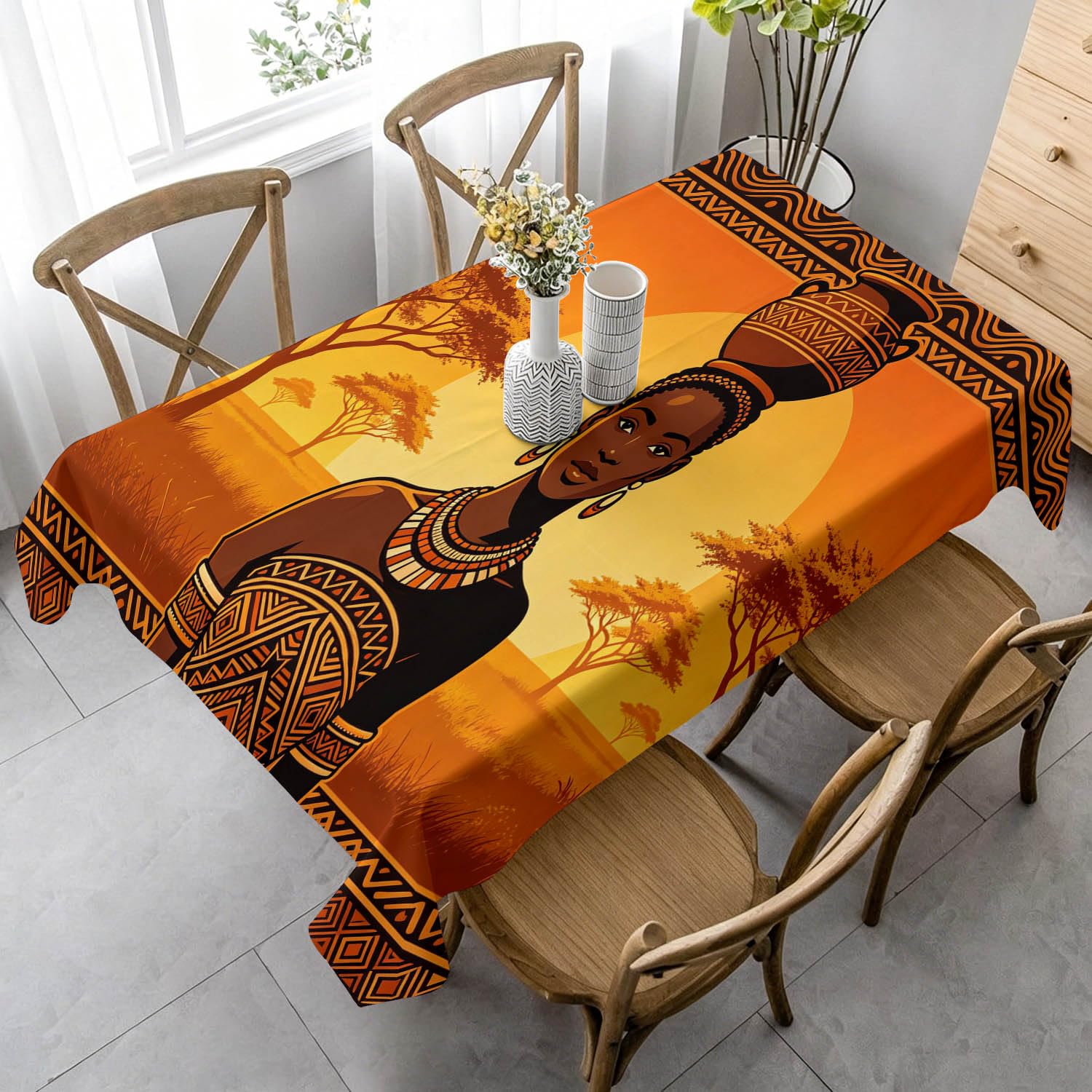 Tovaglia Donna Africana Tovaglia Antimacchia Rettangolare 140x300 cm, Tribù Africana Copritavolo in Poliestere Impermeabile Lavabile, Tovaglie per Cucina, Feste, Pranzo 723f