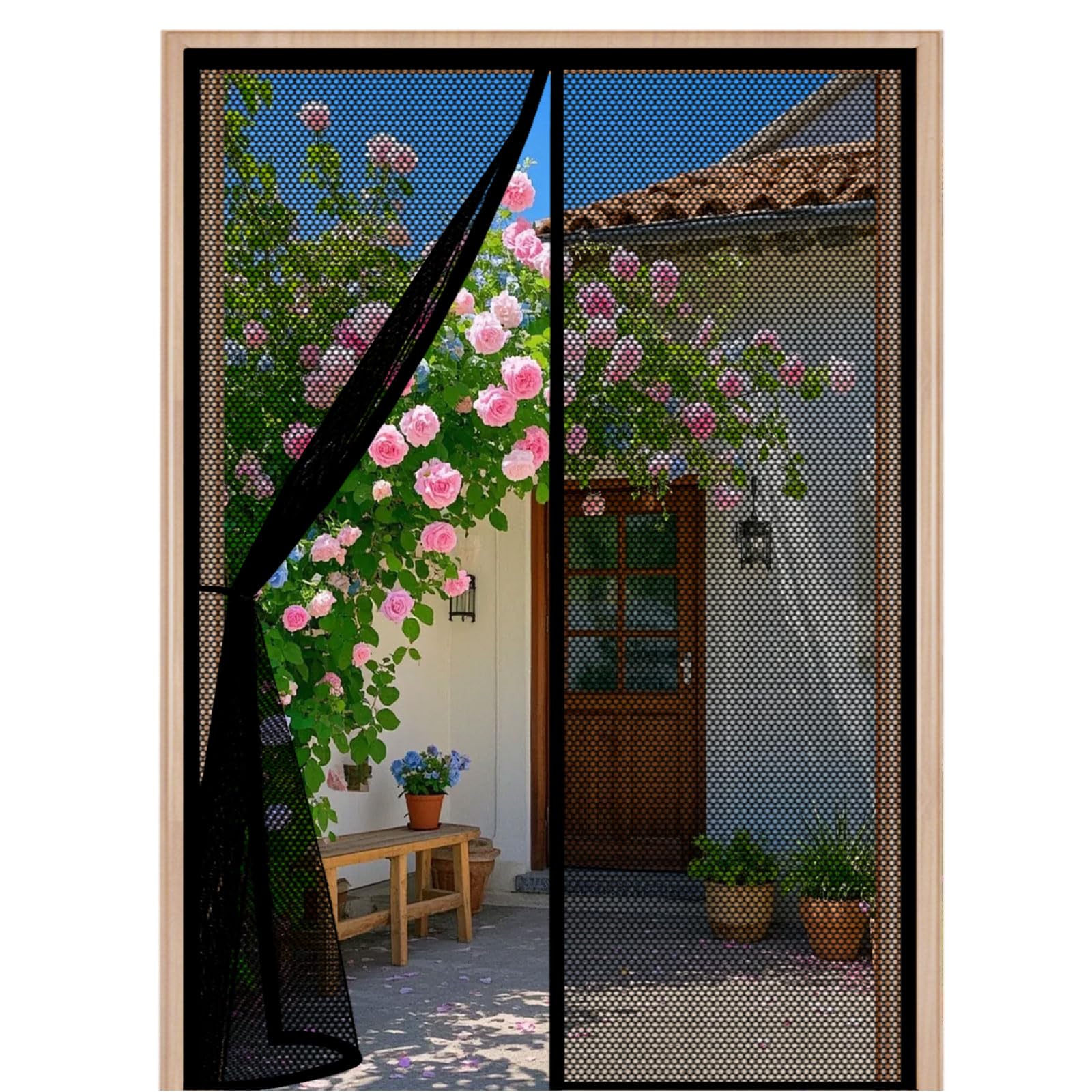 Fly Screens for Doors 115 x 175 cm with Powerful Magnets and Full Frame Magic Tape Flyscreen French Doors Easy to Install Without Drilling for Balcony Patio Bedroom, Black