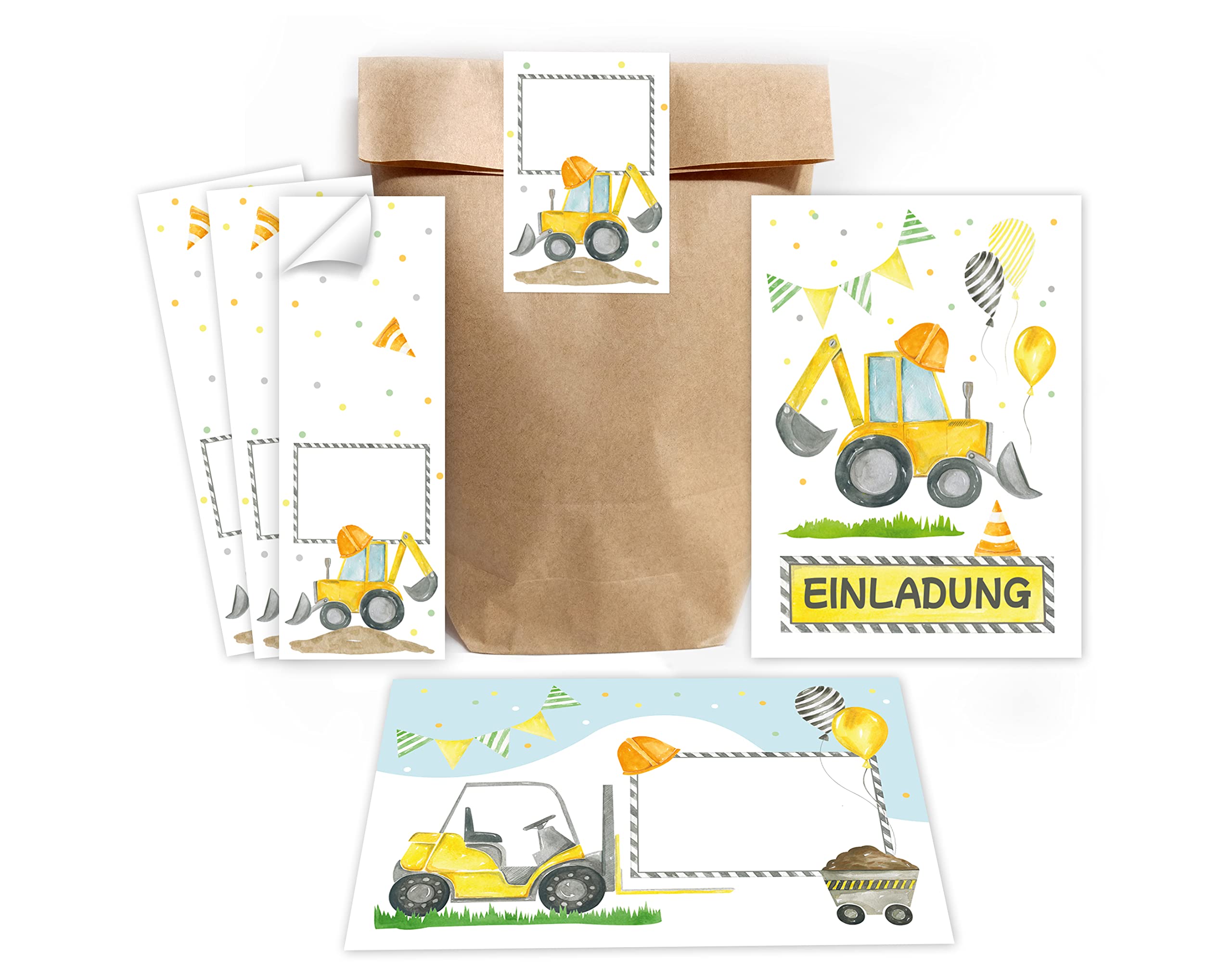 Minkocards 12 Einladungskarten zum Kindergeburtstag Junge Baustelle Bagger-Motiv incl. 12 Umschläge, 12 Partytüten/natur, 12 Aufkleber Einladungsset