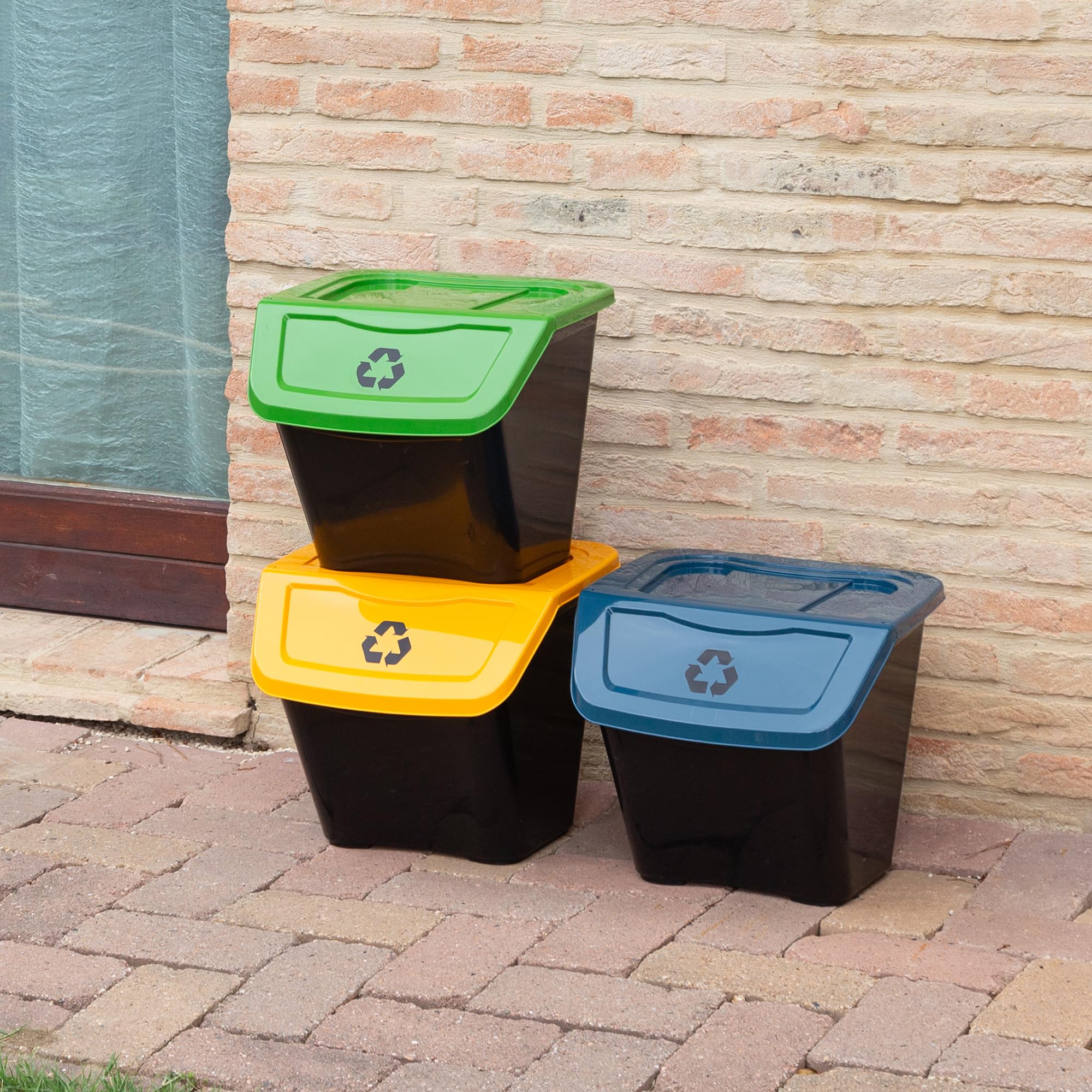 DEA HOME Ecobin Set 3 pattumiere per raccolta differenziata 30L ciascuna, 39x39x33h cm, con coperchio removibile e apertura frontale, design compatto salvaspazio, ideale per interni ed esterni