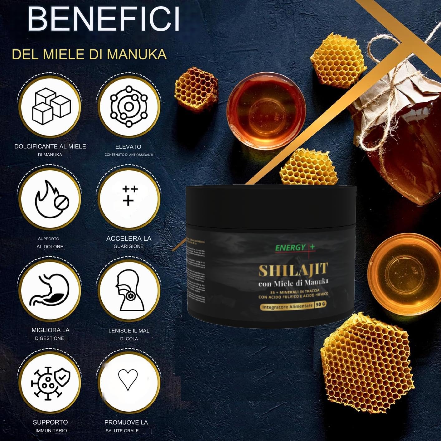 Resina di Shilajit Puro Originale dell'Himalaya con Miele di Manuka – Confezione da 50g - Energia Naturale e Immunità Potenziata – Scopri i Benefici di questa Composizione Rivoluzionaria