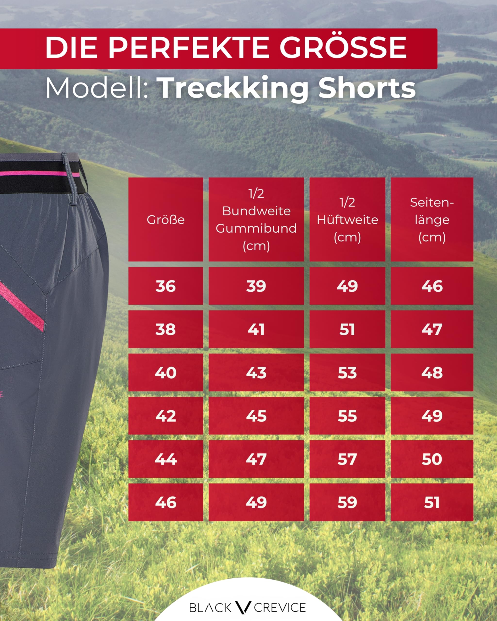 Black Crevice Damen Trekking-Shorts mit 4-Wege Stretch I Größe 36-46 I 88% Polyamid, 12% Elasthan I Atmungsaktiv, wasserabweisend & schnelltrocknend I Ideal für Wandern, Trekking & Outdoor