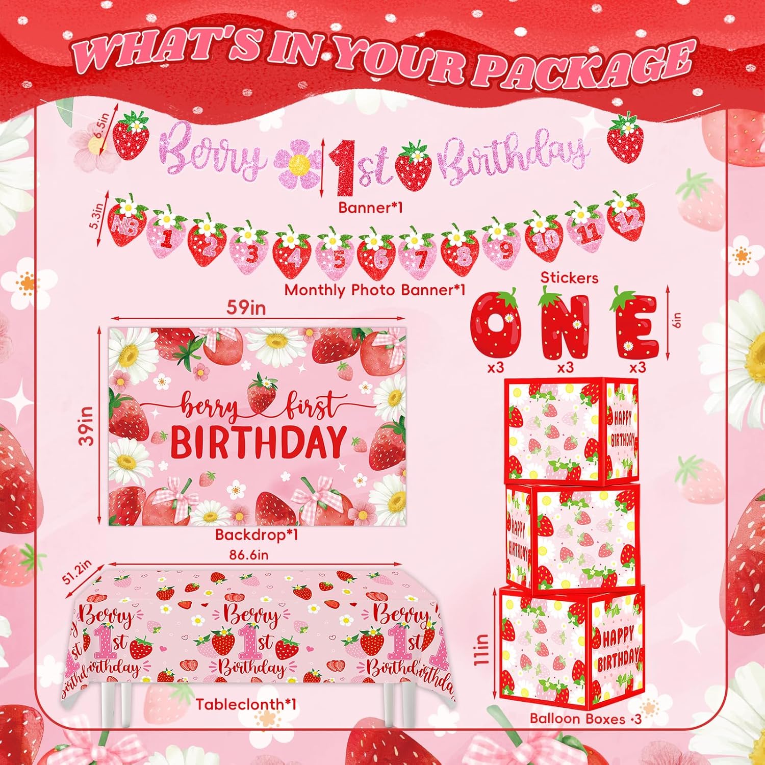 strawberry 1st Birthday Party Decoration Set – Berry 1st Birthday Glitter Banner,Box, Poster, 12 Month Photo Banner, Crown, Cake Toppers, Tablecloth, Backdrop & Strawberry Foil Balloons Complete Kit