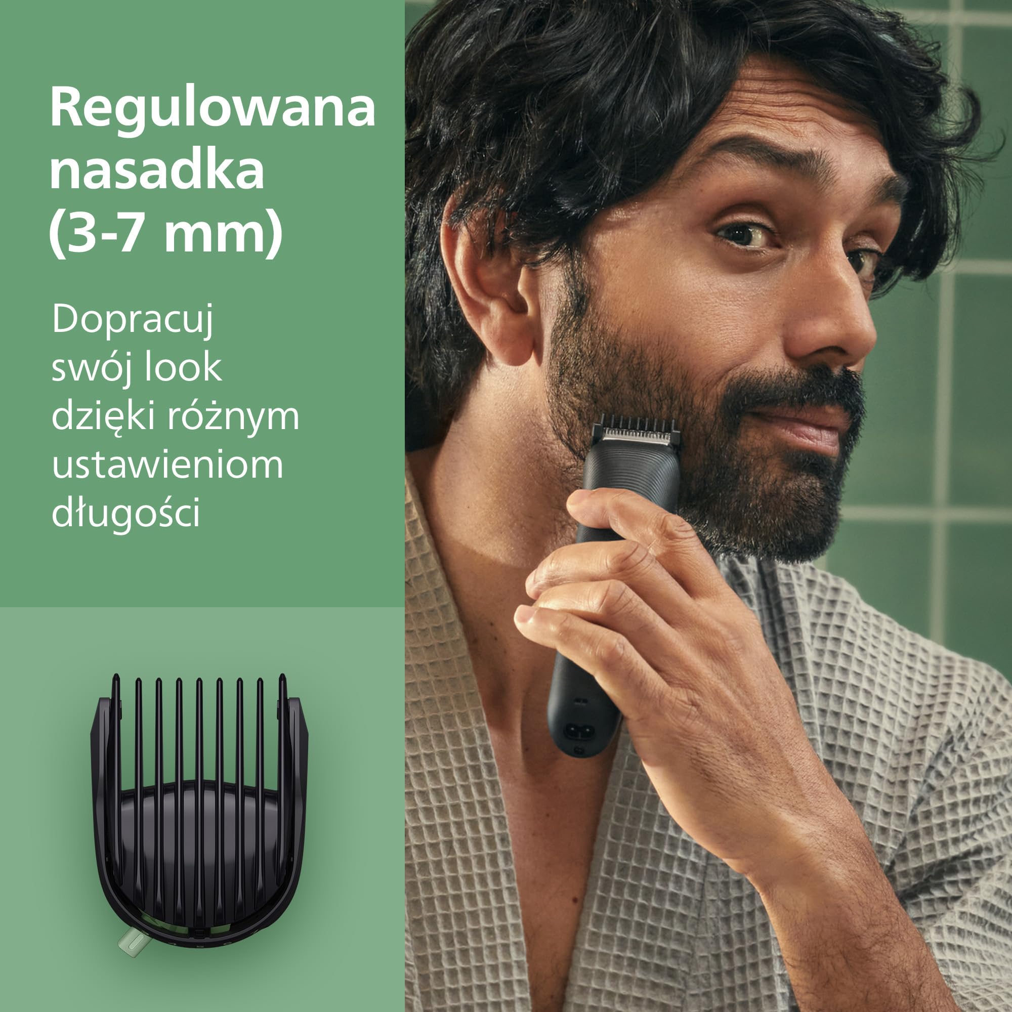 Philips Multigroom All-in-One z serii 3000 – 7-elementowy trymer do twarzy i głowy, samoostrzące się, przyjazne dla skóry ostrza, 10 ustawień długości, model MG3930/15
