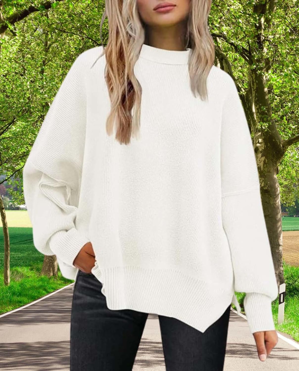 2025 Fall Womens Oversized Batwing Sweater Fashion Crew Neck Knit Side Slit Cozy Fall and Winter Pullover Sweater - Image 4