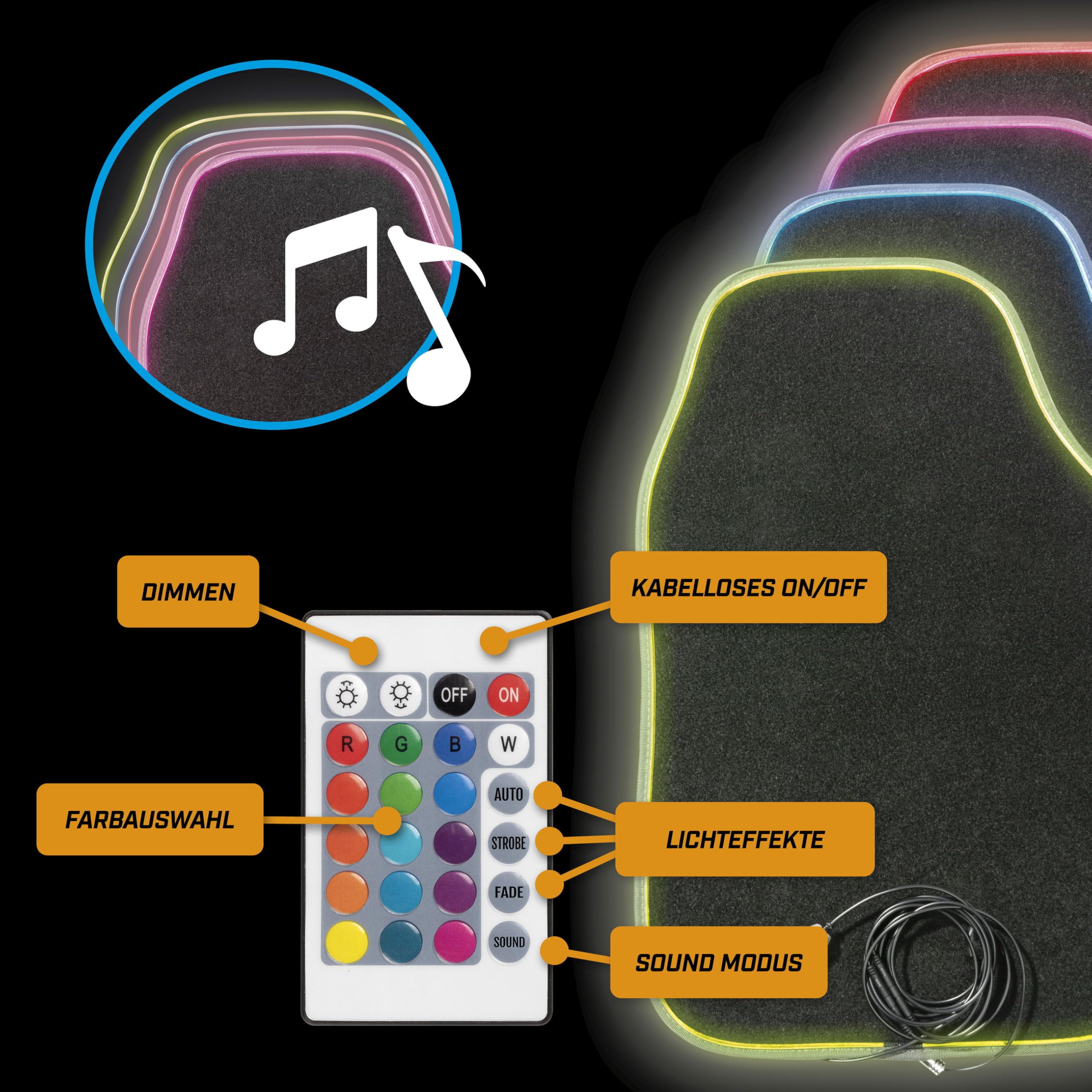WALSER Alfombra LED Ambiente, Alfombrillas con banda LED, Tapete de coche con varias funciones de luz 29053