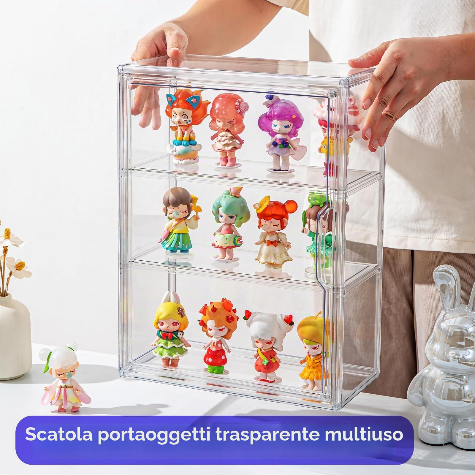 Confezione da 2 vetrine acriliche da collezione, vetrina trasparente in miniatura per figurine, montaggio a parete o scrivania, organizer per armadio a 3 livelli, vetrina a