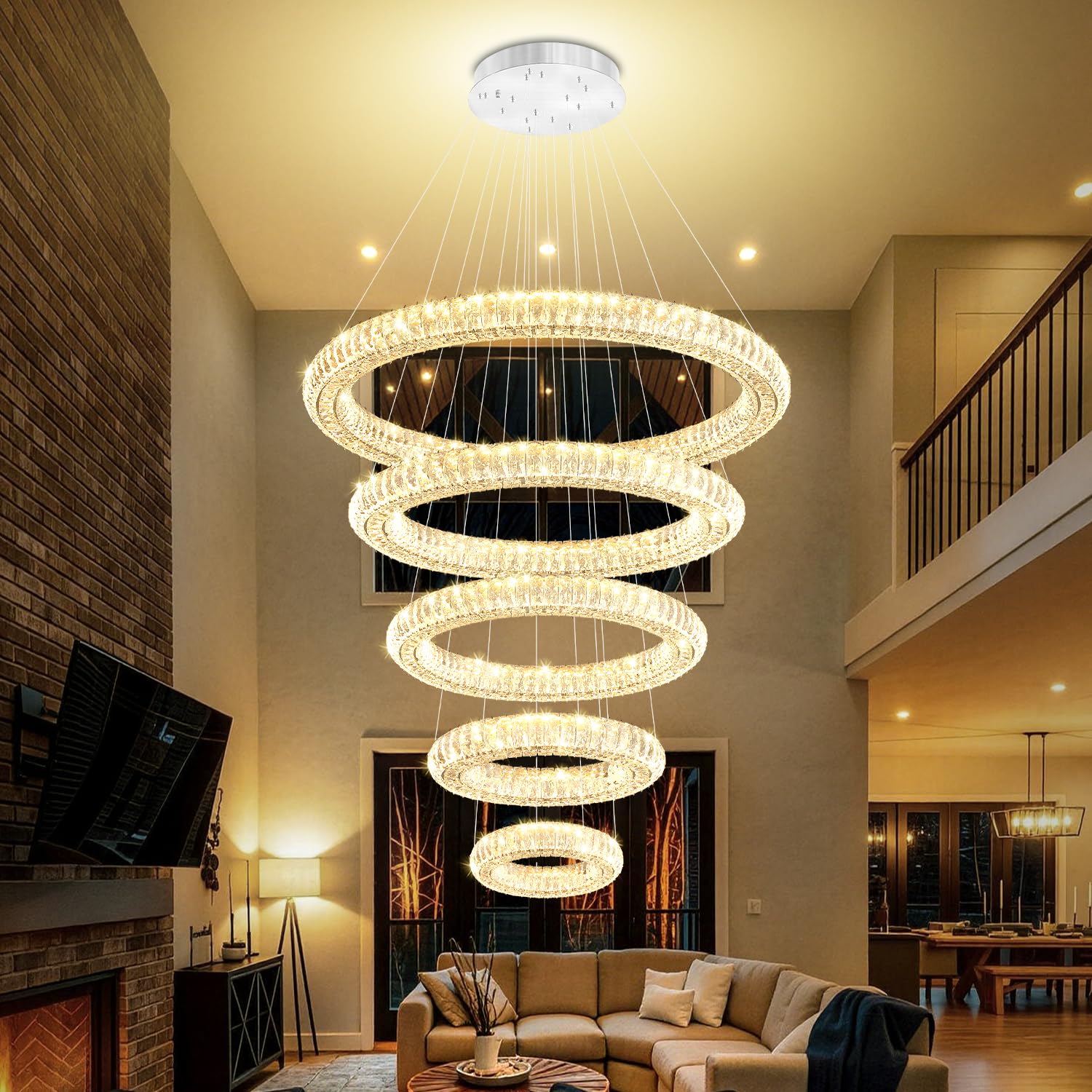 IDEQUY Large Ring Chandelier for High Ceiling Staircase Modern Luxury Crystal Chandelier…