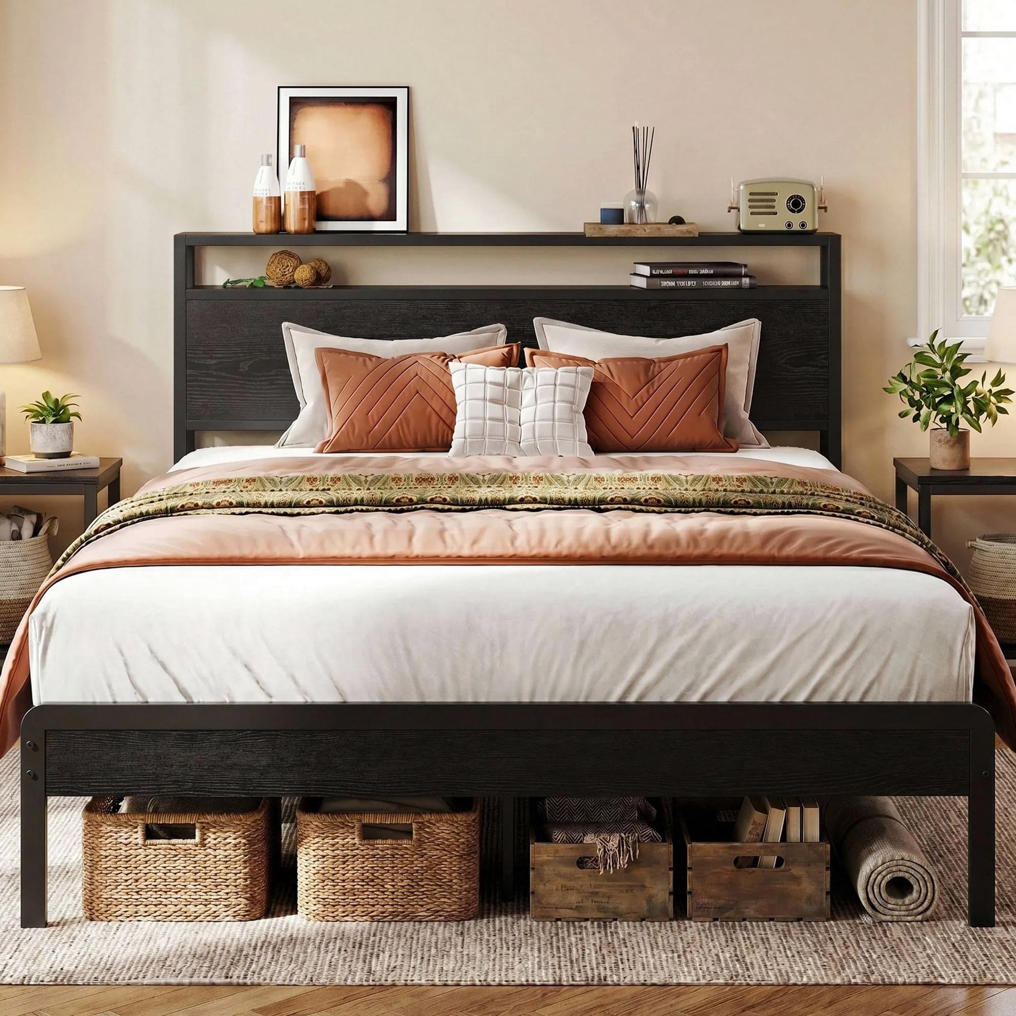LIKIMIO Full Size Bed Frame with 2-Tier Storage Shelf Headboard
