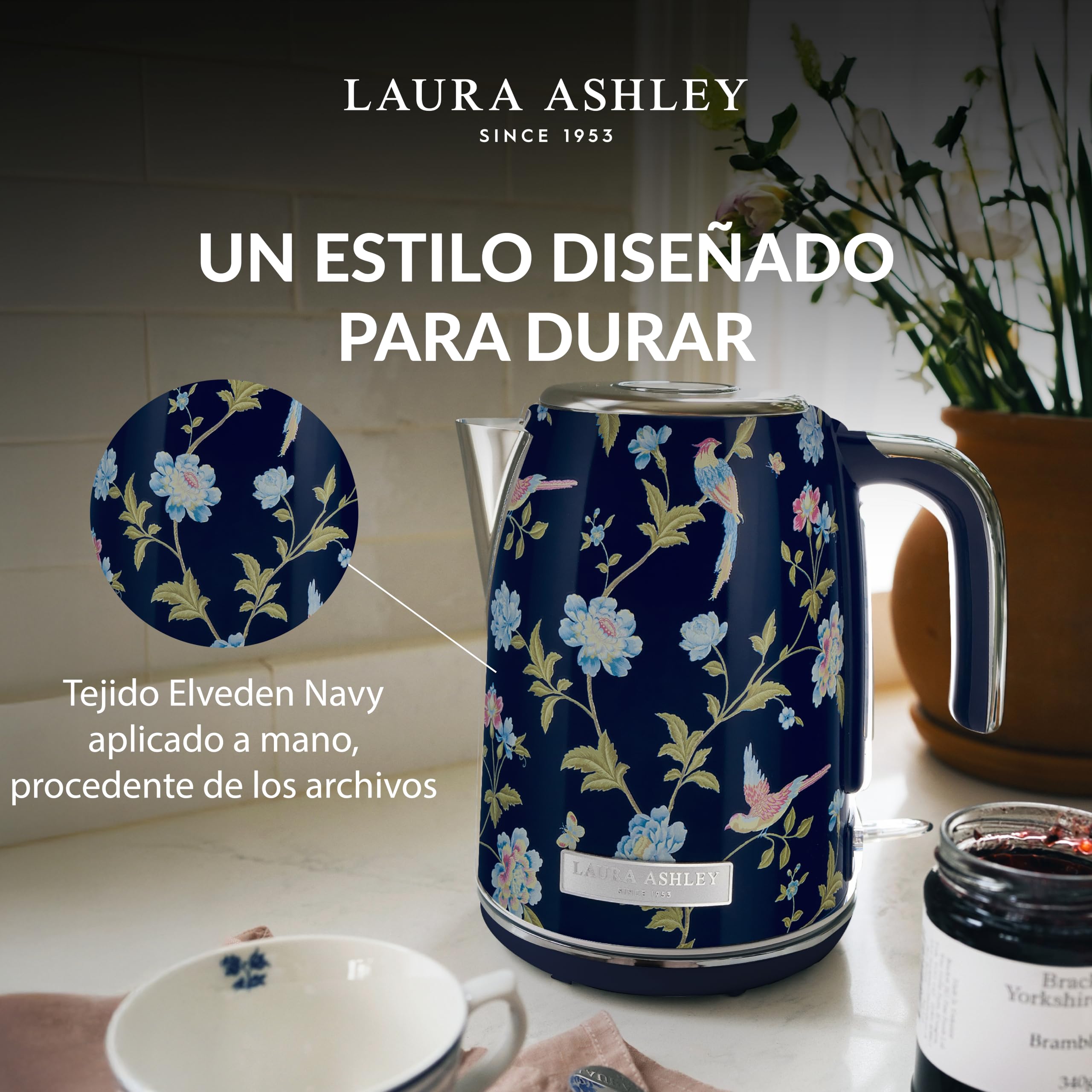 VQ Laura Ashley Elveden Navy Hervidor de Agua Eléctrico 1,7 L | 2,2 kW Ebullición Rápida y Silencioso, Vertido Sin Goteo, Filtro Antical, Eficiente Energéticamente e Indicador de Nivel