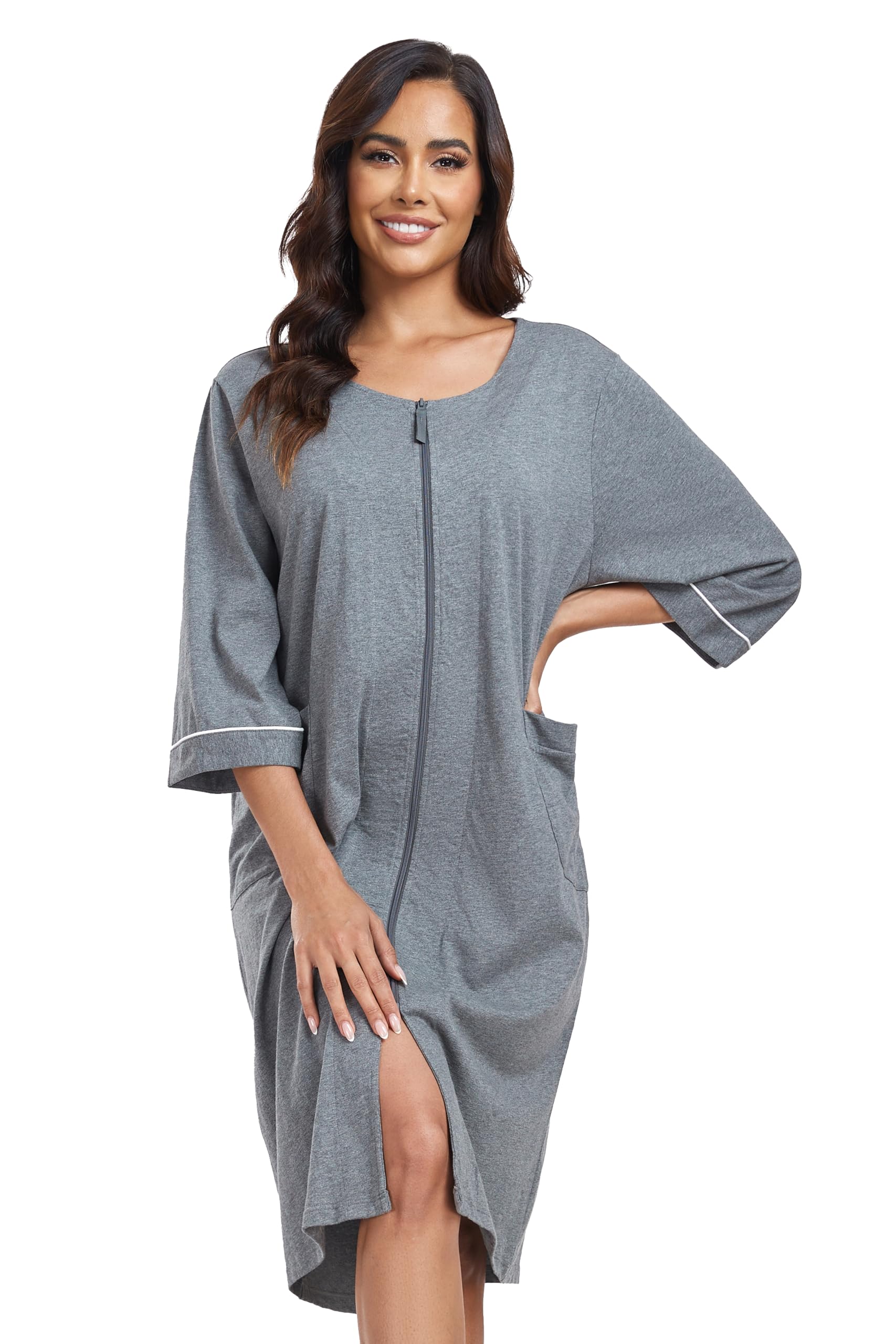 COLORFULLEAF Women's 100% Cotton Robe Lightweight 3/4 Sleeve Zip Front Robes Soft Knee Length Bathrobe Housecoat