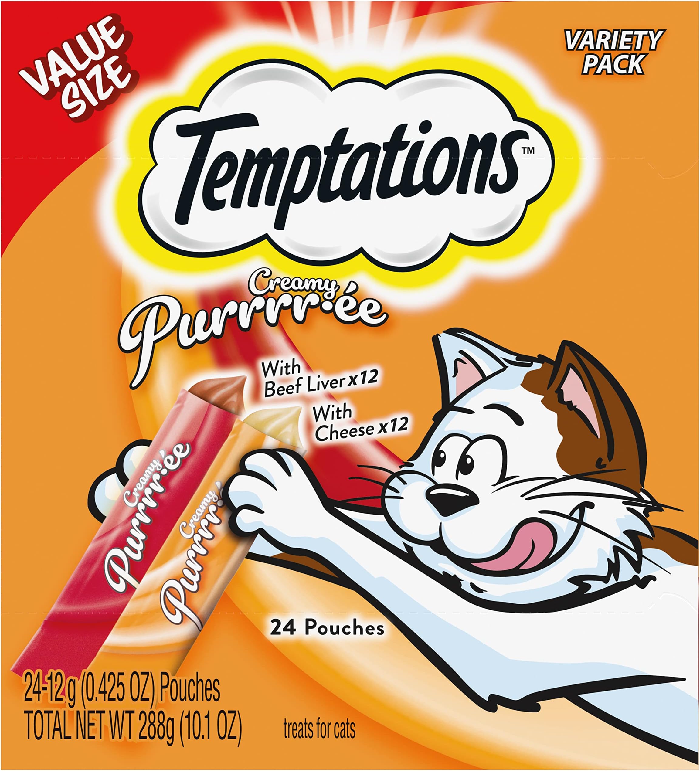 Temptations Creamy Puree with Beef Liver and Cheese, Variety Pack of Lickable Cat Treats, 0.42 oz Pouches, 24 Count