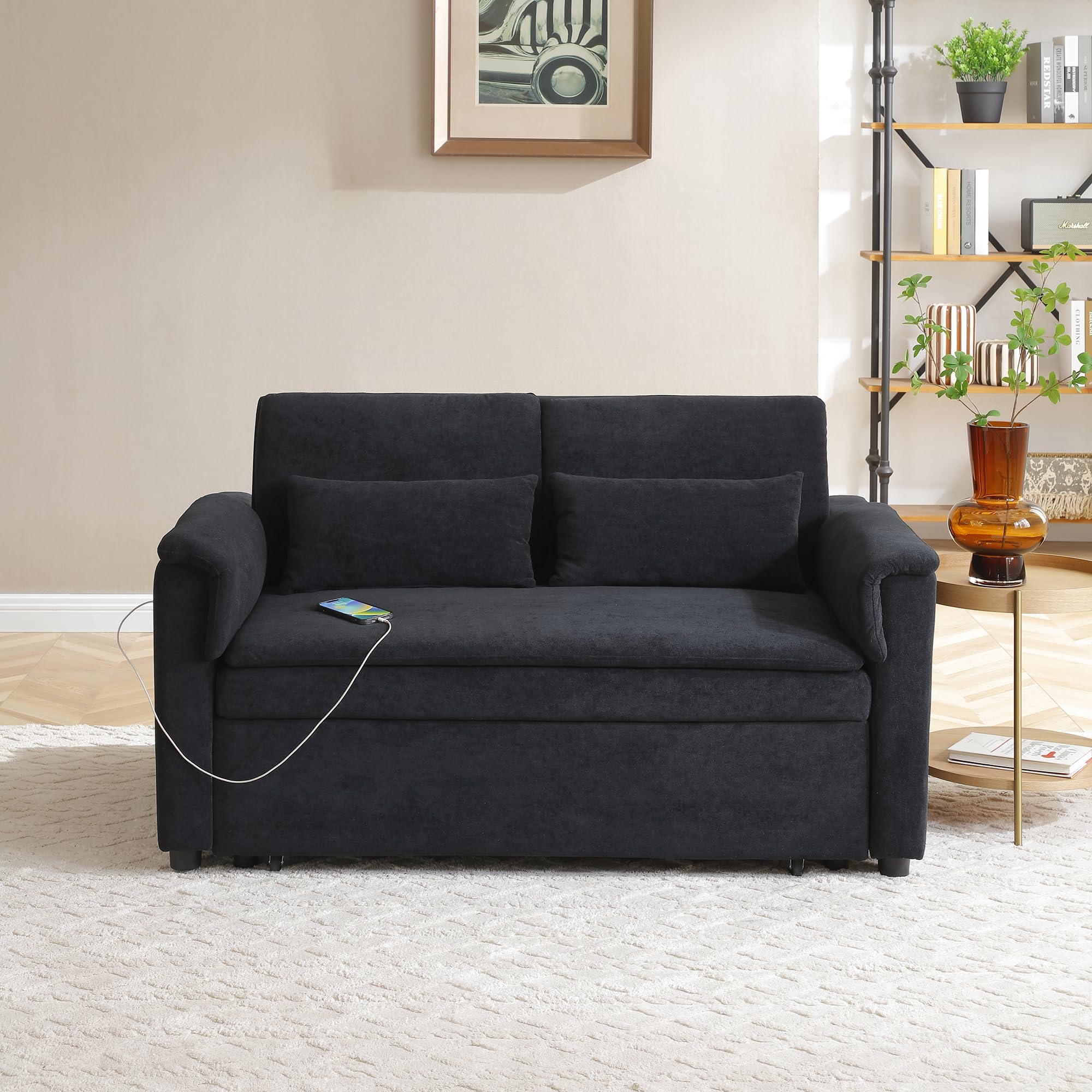 Convertible Loveseat Pull Out Sleeper Sofabed Futon Loveseat Lounge Couch for Living Room 3 in 1 Multi-Functional Pullout Sofa Bed with Reclining Backrest , USB Ports and Side Pockets for Home Office