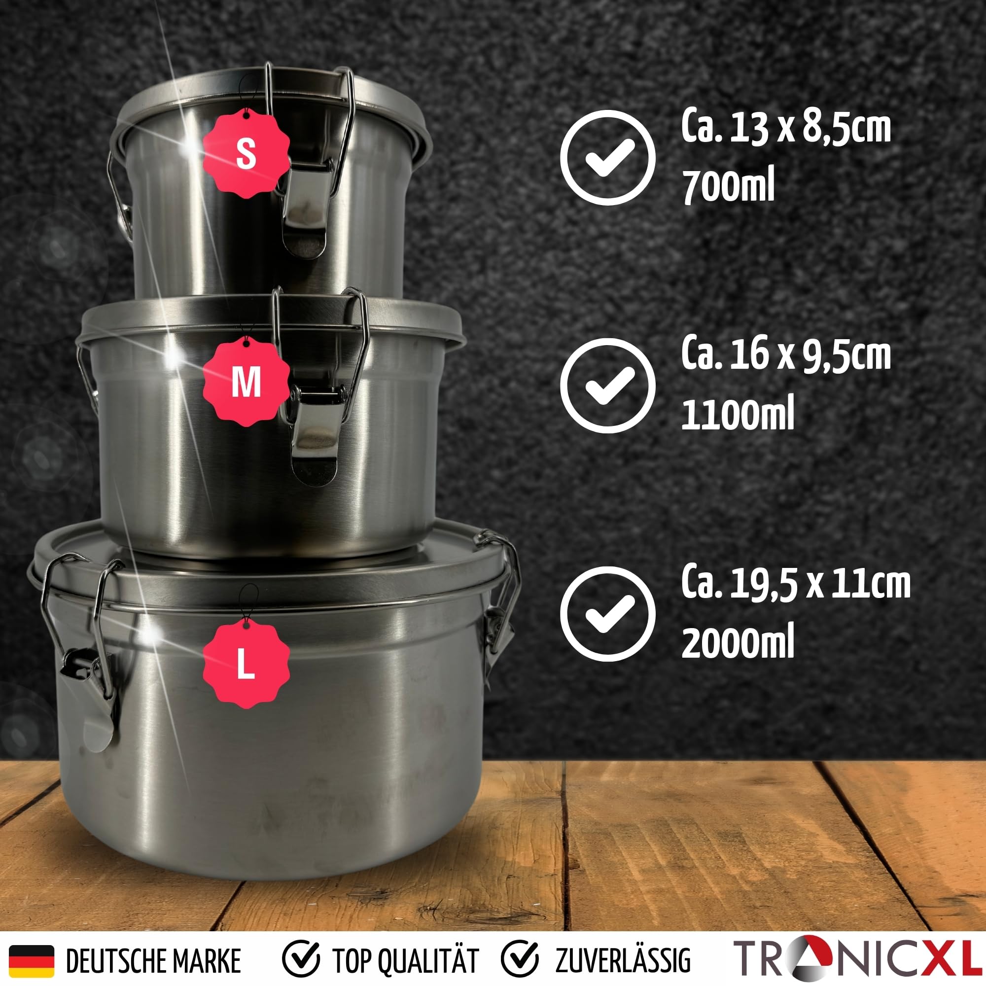 TronicXL Premium Lunchbox Edelstahl Behälter Mit Deckel 3er Pack Behälter für Camping Küche Brotdose Lunchbox Gemüse Fleisch Käse Dichtung auslaufsicher Frischhaltedose Metall