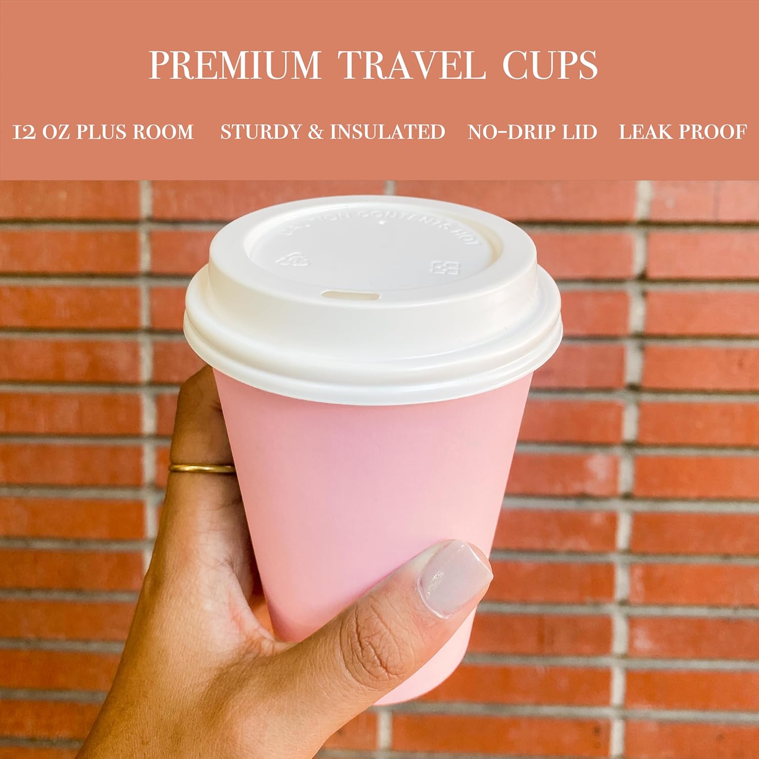 BrewHouse Disposable Coffee Cups with Lids 12 oz | Luxury To Go Paper Coffee Cups with Lids | 25 Count Pink - Image 3