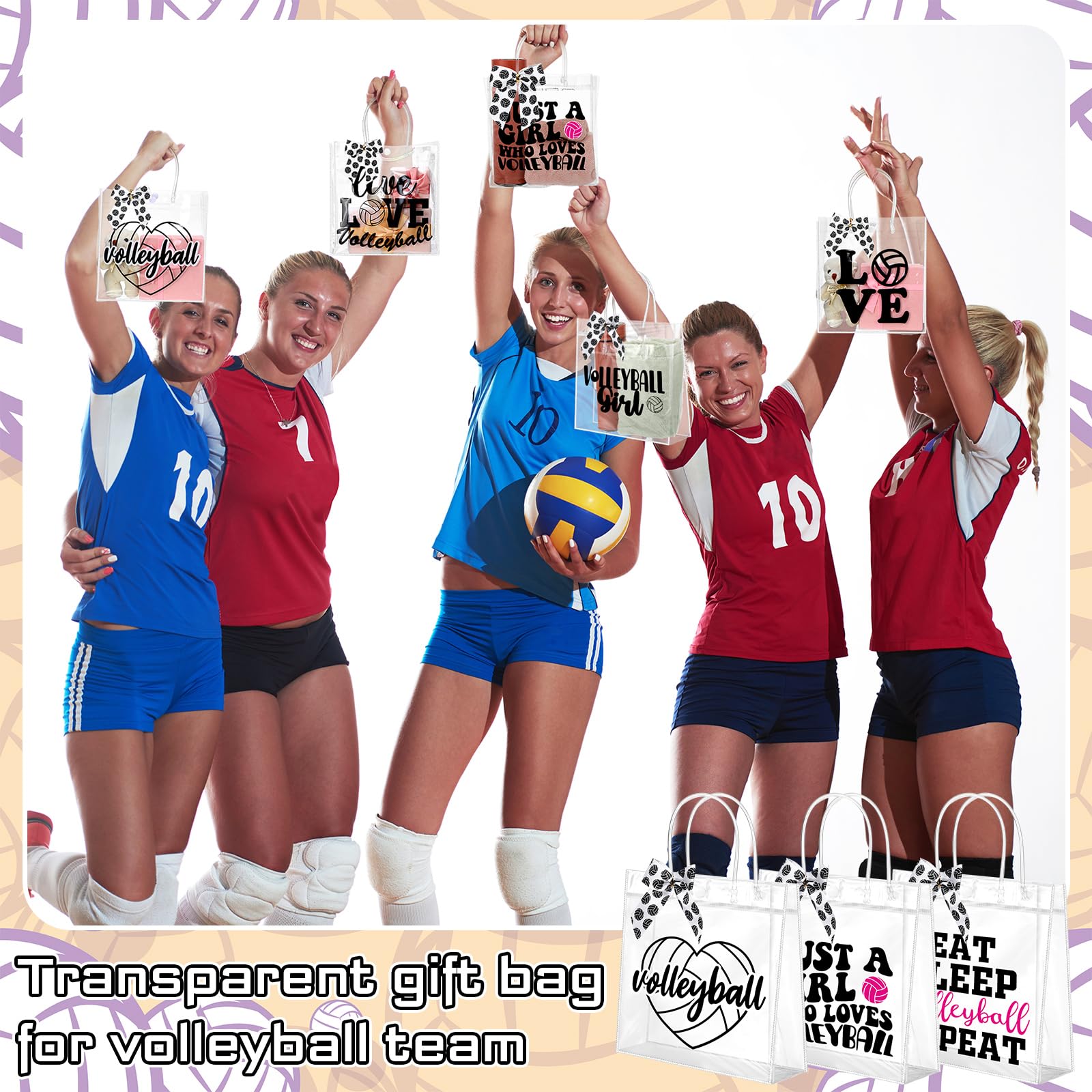 Vicenpal 12 Sets Clear Volleyball Gift Bag with Handles 12 Pcs Bows PVC Plastic Volleyball Treat Goodie Snack Bags 7.9 x 7.9 x 3.1'' Sport Theme Party Favors for Birthday Holiday Sports Team Gifts