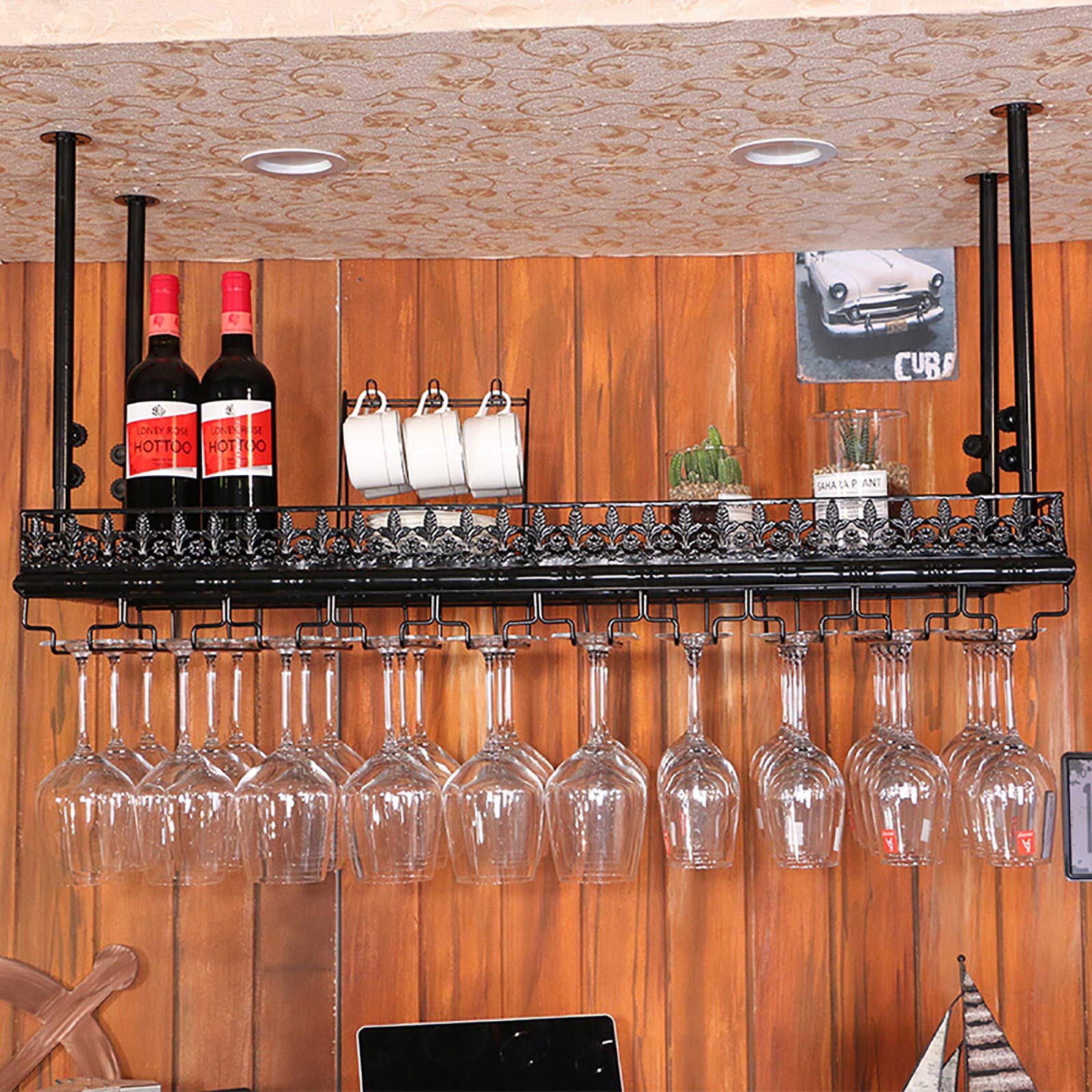 Casier à vin suspendu pour bar et cuisine ULAINE, le porte-gobelet déco chic de 100cm