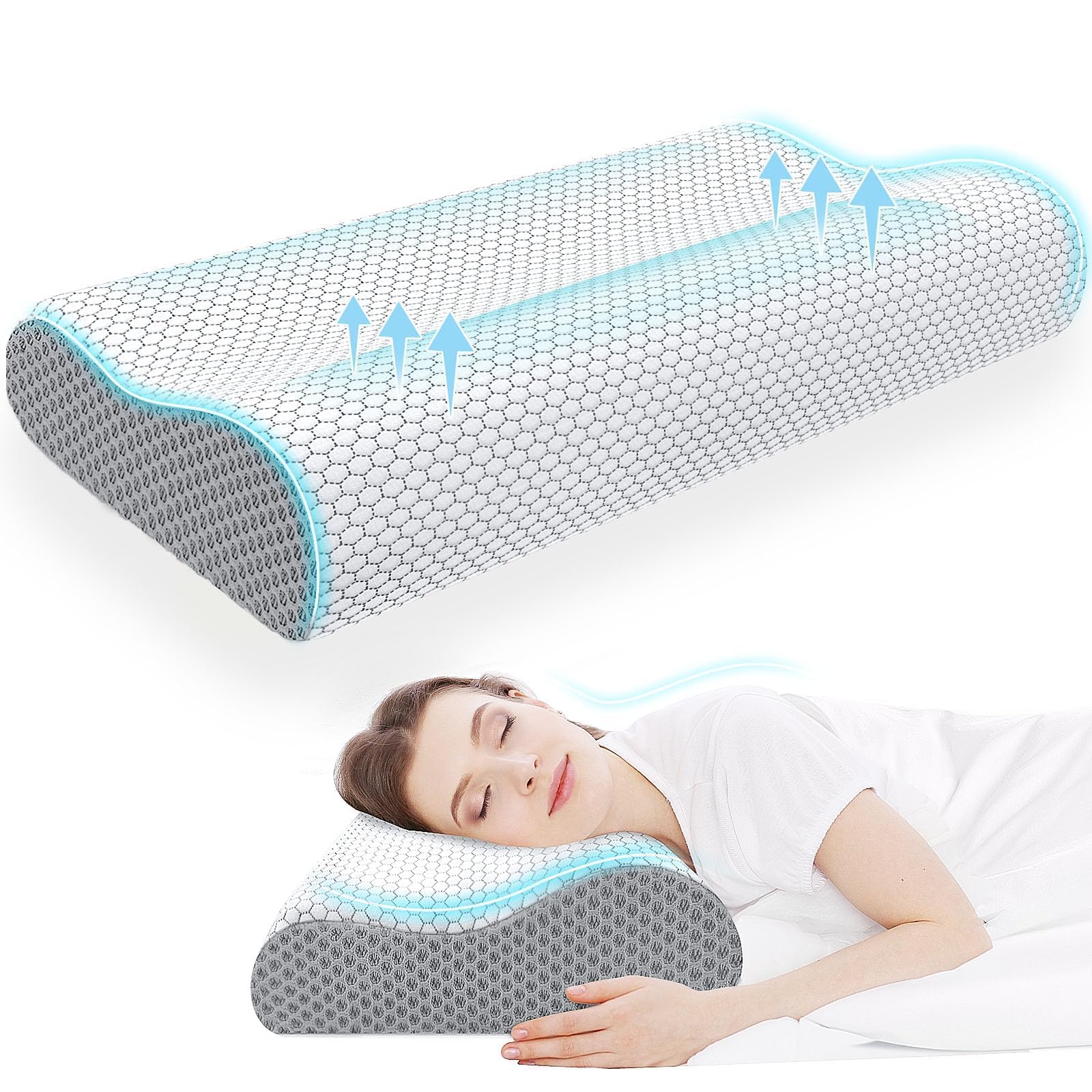 Neck Pillow for Sleeping, Ergonomic Cervical Bed Pillow, Grey Queen Size