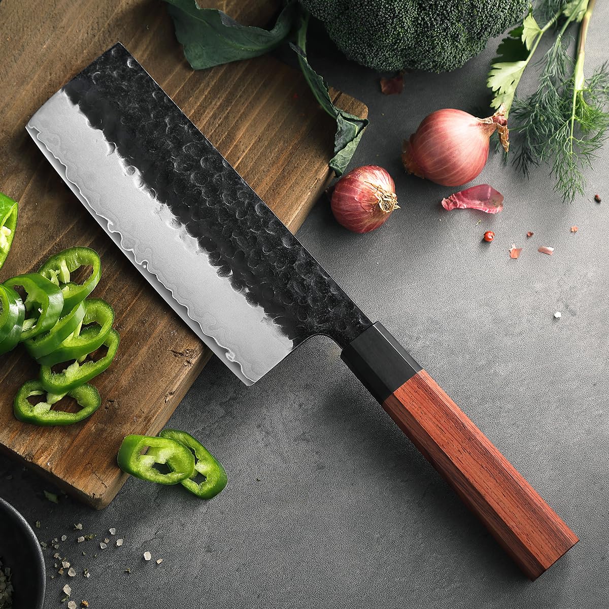 HEZHEN Coltello Nakiri Giapponese Multiuso per Affettare Carne e Verdure, Manico Ergonomico Ottagonale in Legno di Sequoia